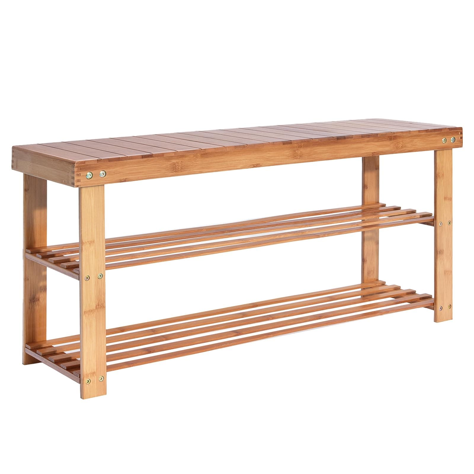 Hododou Shoe Rack 2 Tier Shoe Storage Bench Wooden Shoe Rack with Seat for Hallway Entryway Living Room Bedroom, 90 x 27 x 42cm, Natural Bamboo, Max Load Capacity up to 100KG