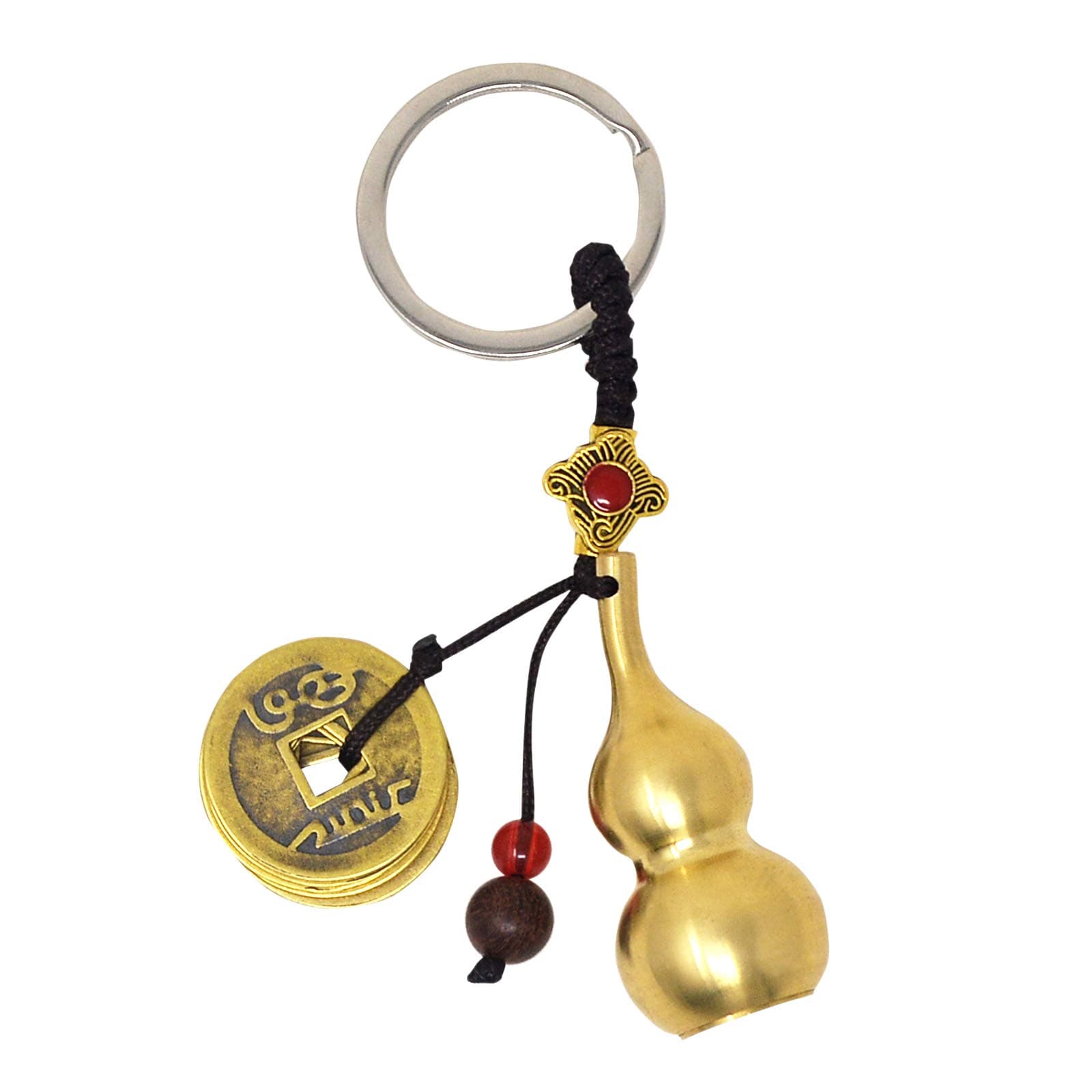 fengshuisale Feng Shui Five Emperors Money Copper Gourd Key Chain pendant with Brass Coins and Wu Lou Gourd Calabash with Blessing Paper W4349