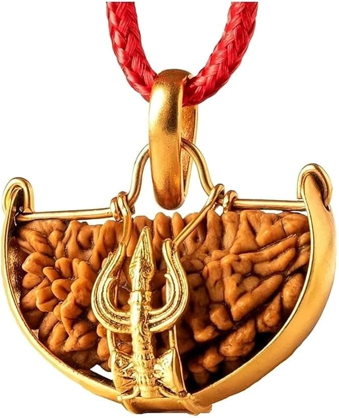 Ek Mukhi Trishul Shaped Original Nepali Rudraksha Pendant With Lab Certified & Ganga Jal | One Face Panch-Dhatu Pendant, In Red Thread | Charged with Energy