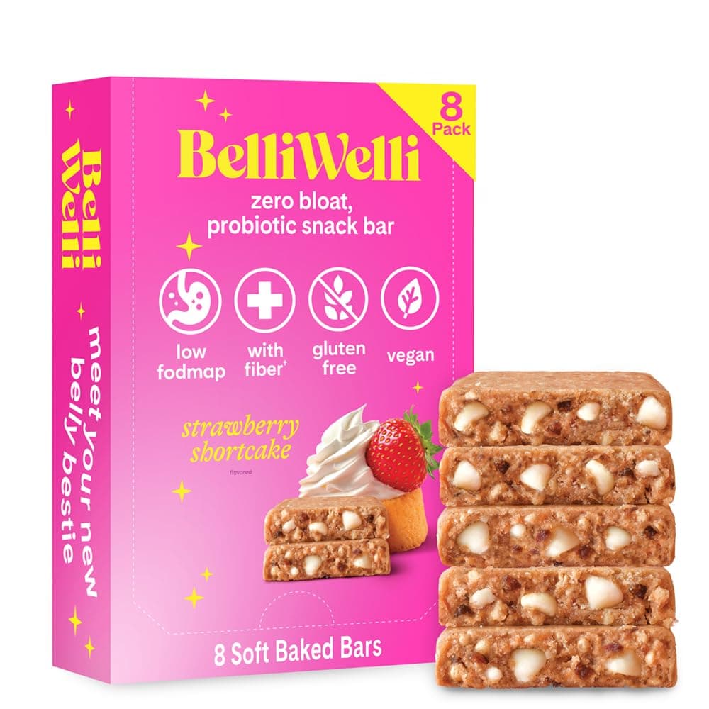 Belliwelli Soft Baked Probiotic Snack Bars | Gluten-Free, Dairy-Free, Vegan, Low-FODMAP | High-Fiber, Healthy & Tasty | Strawberry Shortcake (8 Pack)