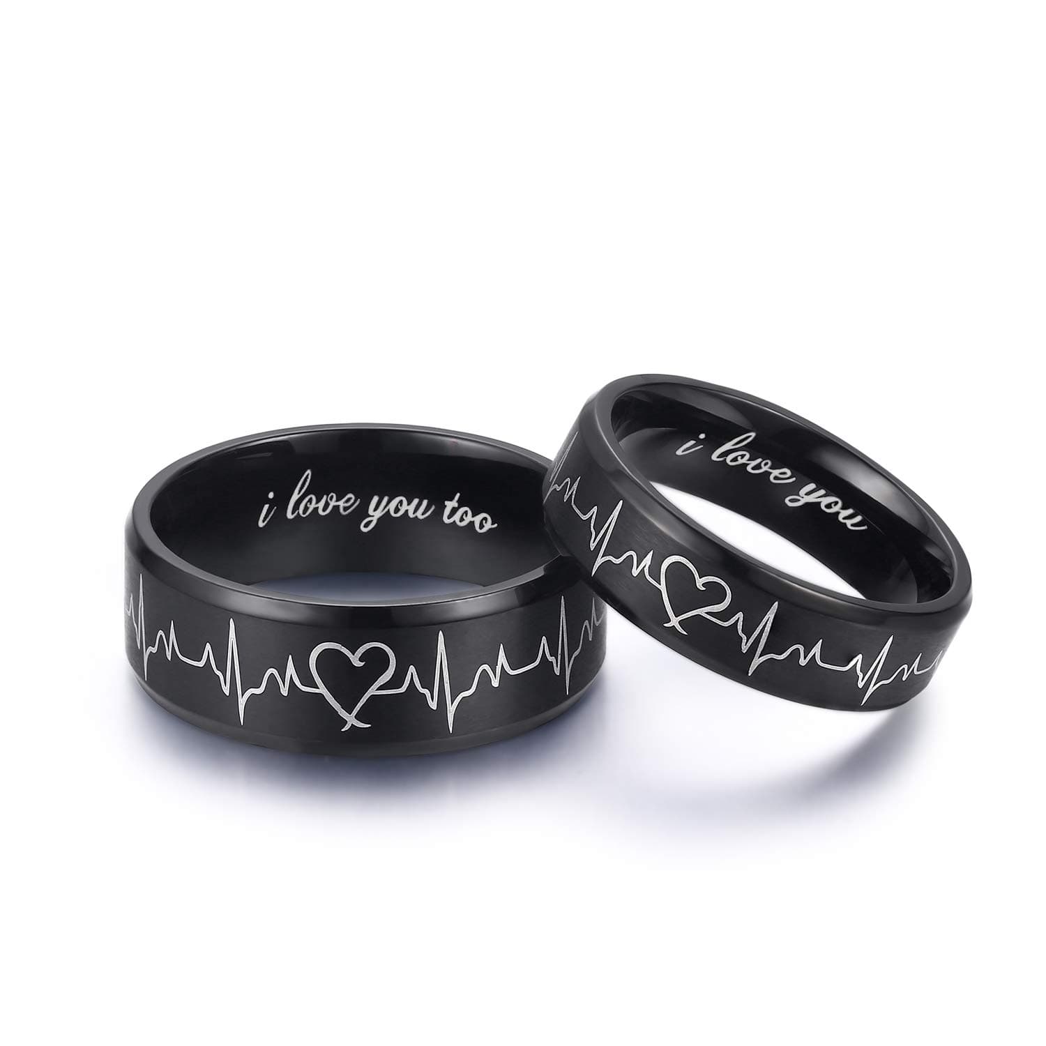 Heartbeat Rings for Couples I Love You Matching Promise Rings Wedding Bands Sets for Him and Her with Box Stainless Steel Comfort Fit