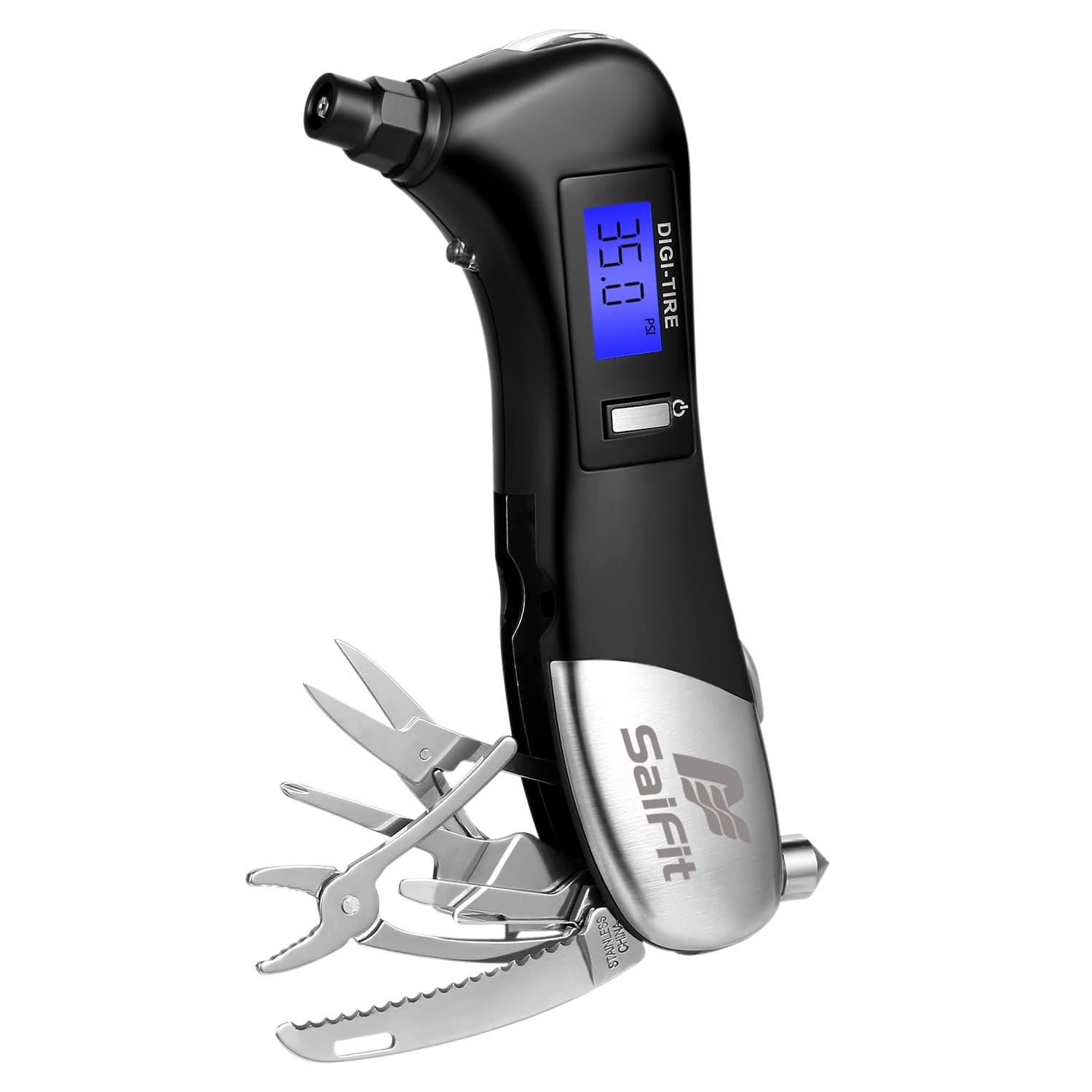 SaiFit CT-A1 Digital Tire Pressure Gauge 150 PSI 4 Settings With Blue Backlight LCD, LED Flashlight and SOS Rescue Light, Safety Hammer, 9-In-1 Emergency Survival Repair Multi-Function Tool Kit