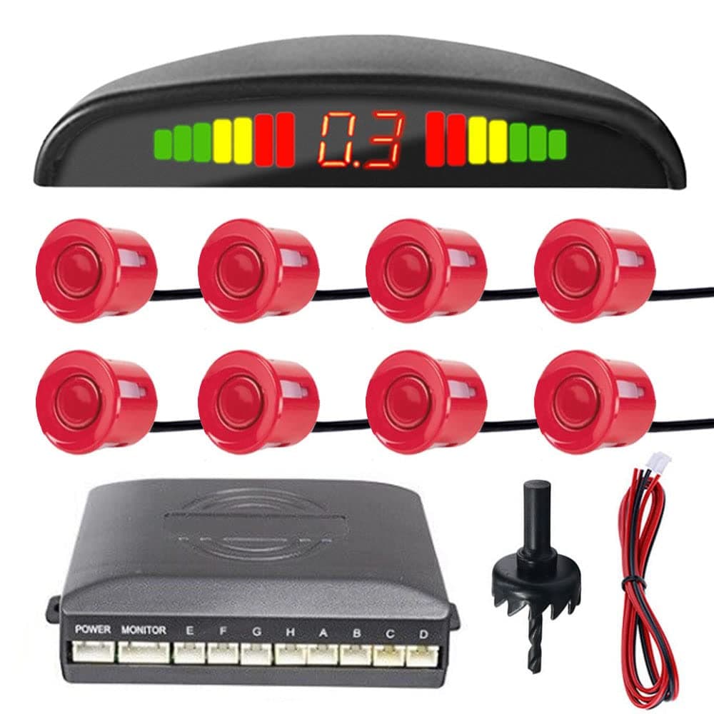 Car Reverse Parking Sensors Car Rear Reverse Parking Radar System Car Parking Sensor Kit 8 Sensor Auto Sound Alarm Alert Reverse Backup Radar Display Red