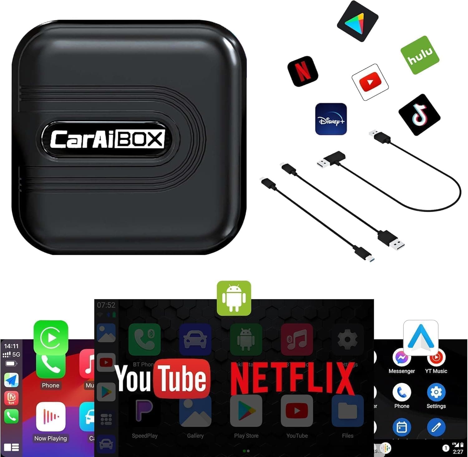 Wireless Carplay Adapter - 4 in 1 Wireless Carplay and Android Auto Adapter for Netflix/YouTube/TikTok Streaming Video, 2025 Upgrade Carplay AI Box Fit for Factory Wired CarPlay Touch Screen Cars