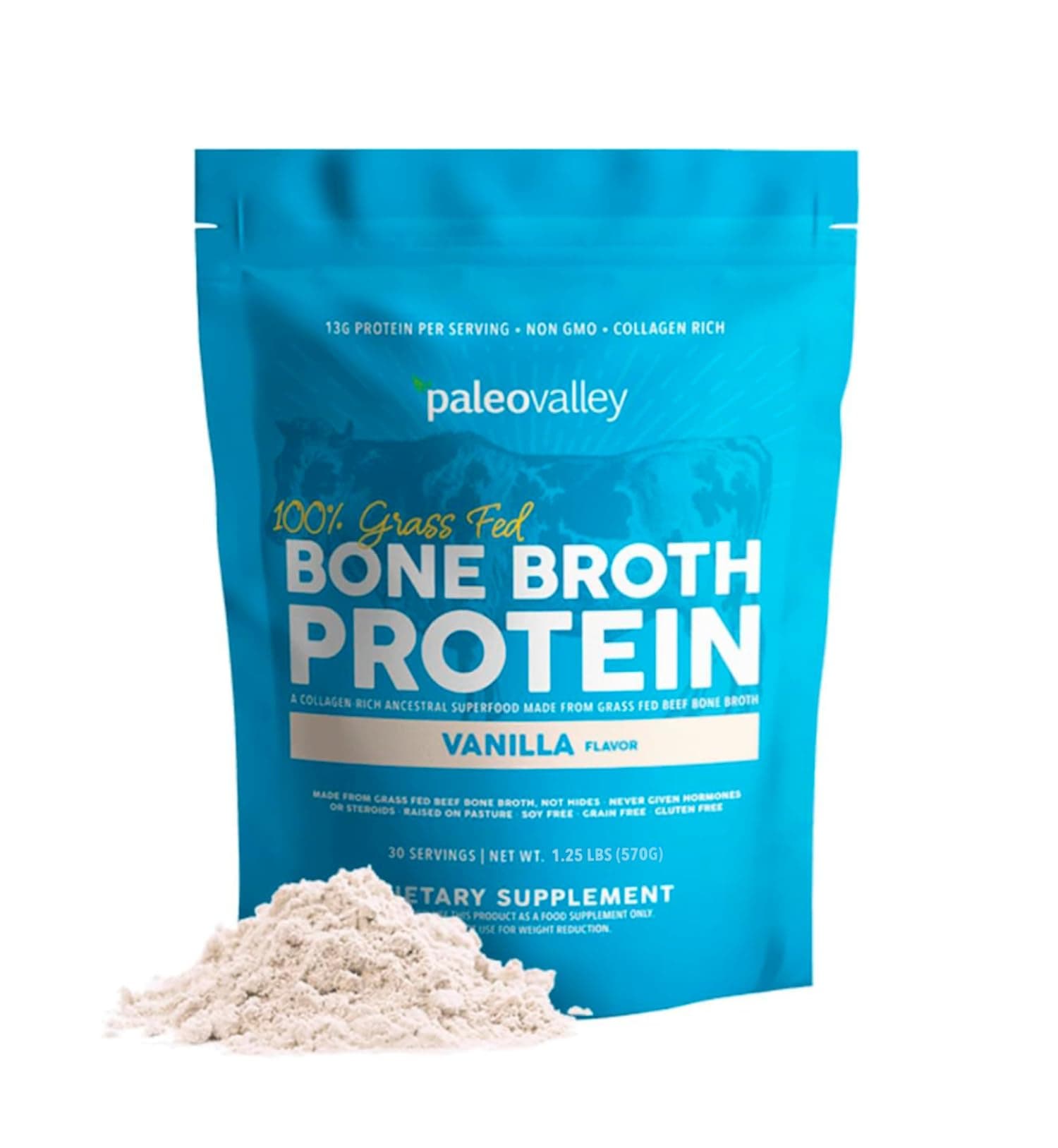 100% Grass Fed Beef Bone Broth Protein Powder - Rich in Collagen Peptides for Hair, Skin, Gut Health, Bone and Joint Support - 13g Protein Per Serving - No Gluten or GMOs - Vanilla