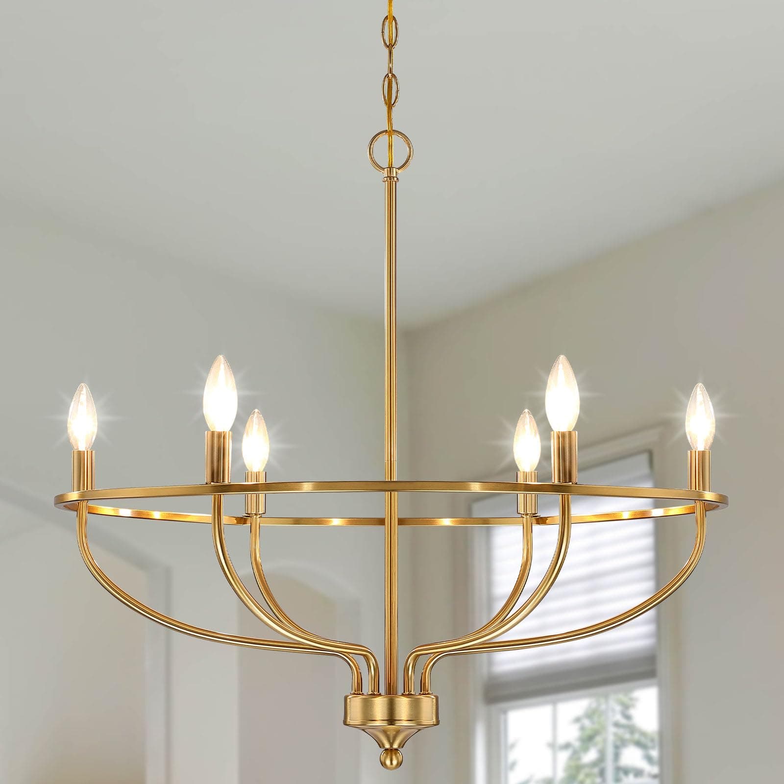 Gold Chandelier for Dining Room, 28.5 Inch Diameter Modern Farmhouse Candle Chandelier Light Fixture Over Table, 6-Light Brass Chandelier Lighting for Kitchen, Bedroom, Living Room (E12 Base)