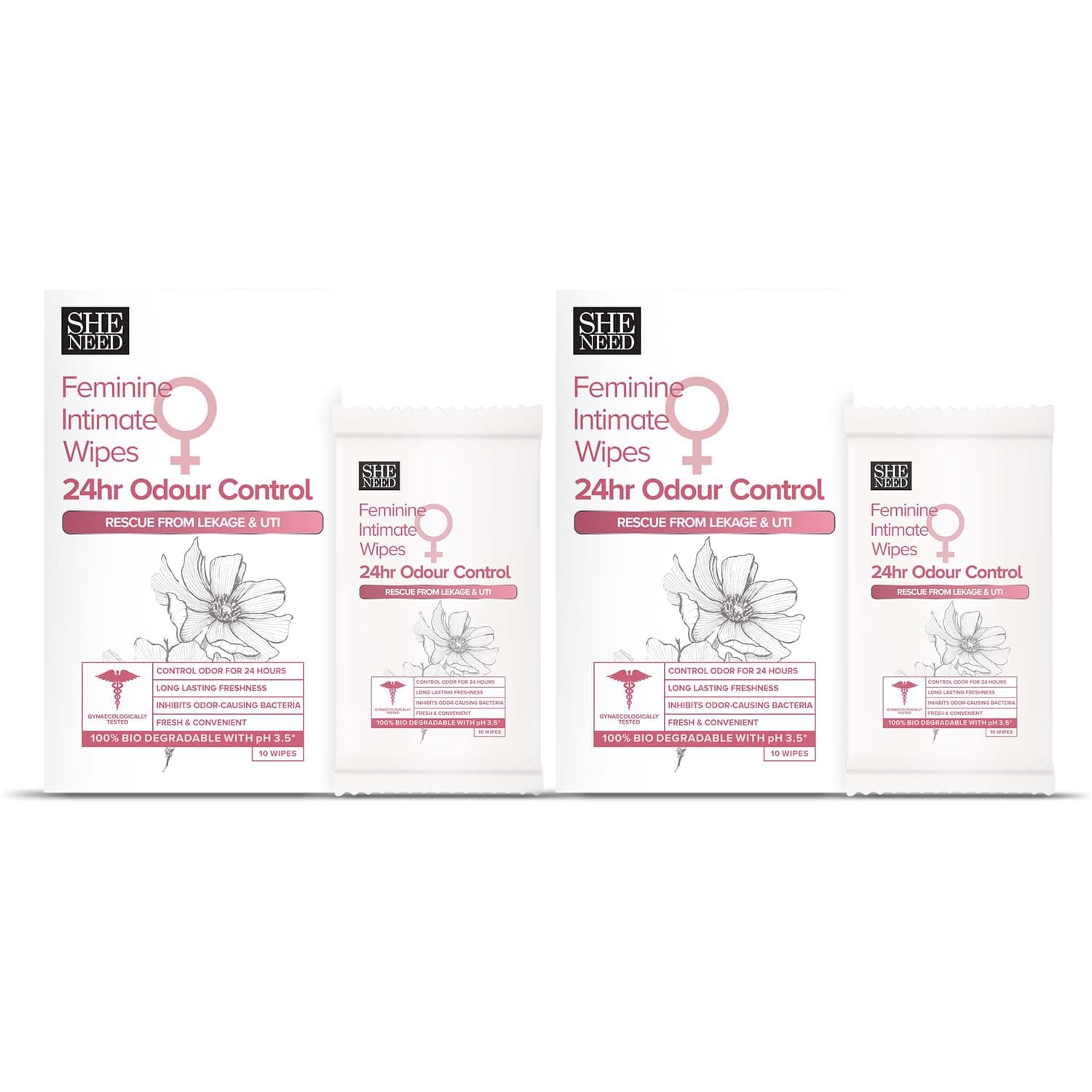 SheNeed Feminine Intimate 24hr Odour control wipes β 10 wipes Pack of - 2 |Rescue from leakage & UTI| Refreshing Cleansing |pH Balance |Natural & Vegan | Paraben & Sulphate Free|clinically proven| Gynac approved | Travel Friendly