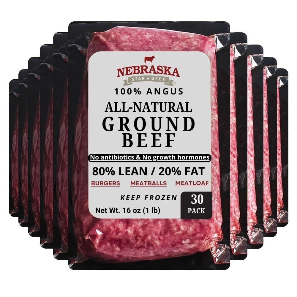 Nebraska Star Beef All Natural Angus 80/20 Ground Beef - 20-1lb Packages- ground beef, frozen hamburger, hamburger patties, frozen burger