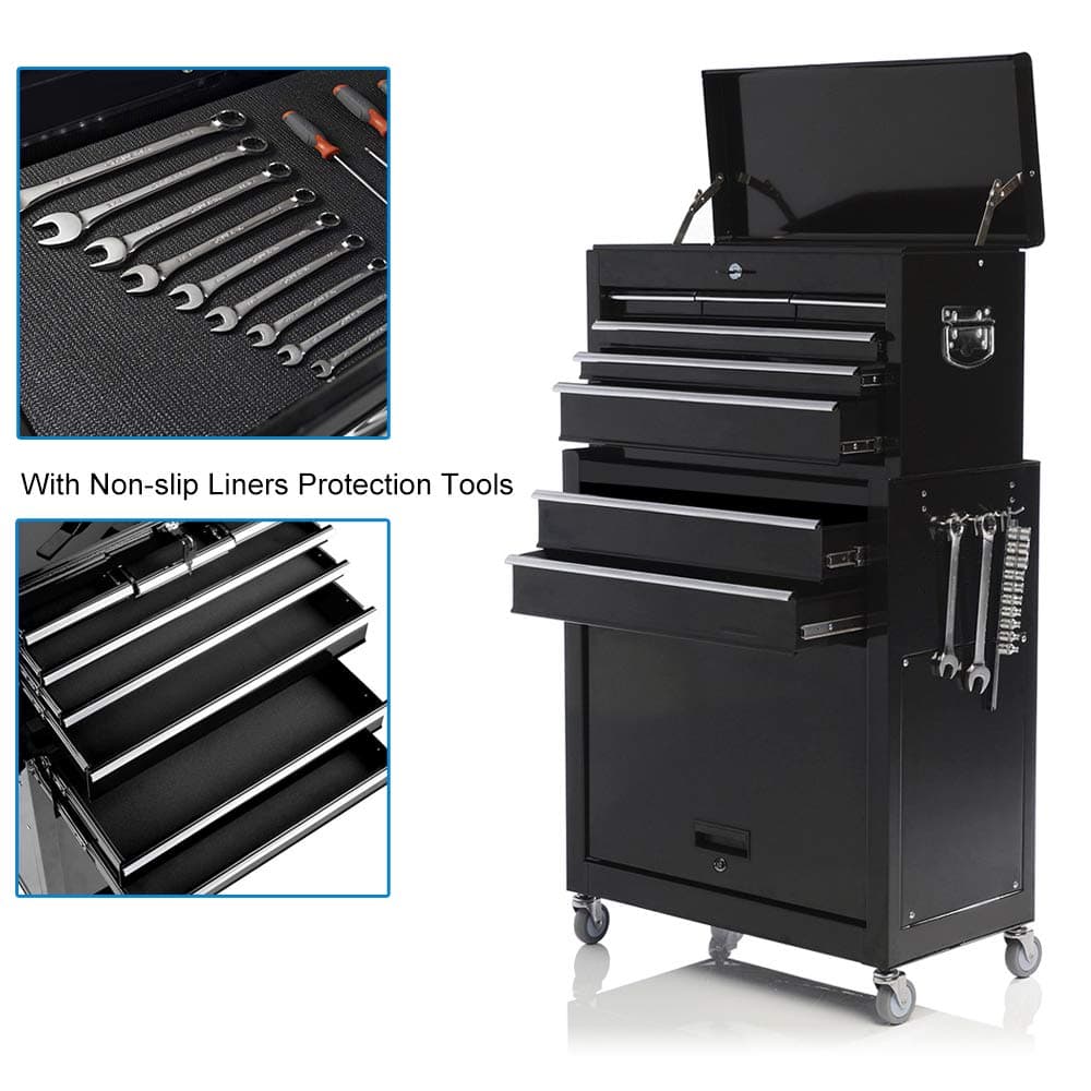 Tool Box Rolling 2 in 1 Portable Tool Chest Cabinet Top&Bottom Key Lockable Storage Tool box with 4 Swivel Wheels (2pc with brake), 8-Sliding Drawers Removable Toolbox Organizer, Black.