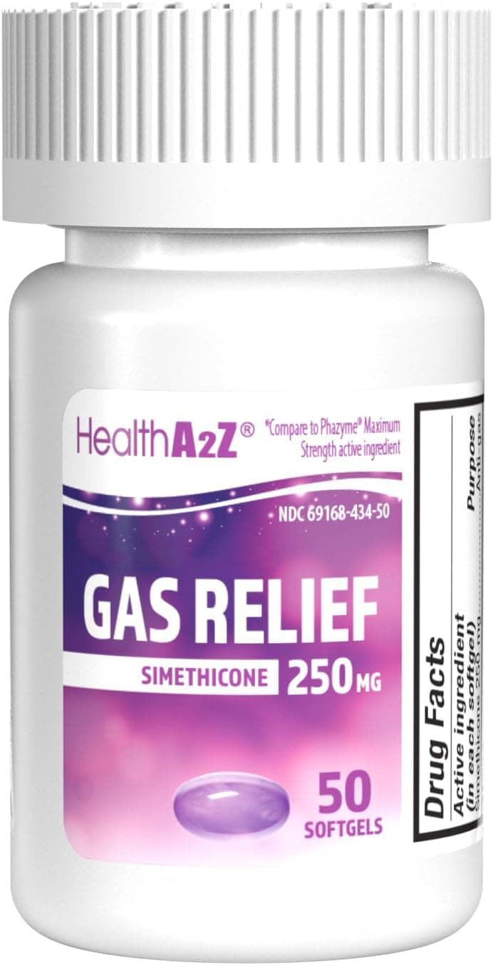 HealthA2Z® Gas Relief Simethicone 250mg | Maximum Strength | Fast Gas Relief | Relieve Symptoms Naturally (50 Softgels (Pack of 1))