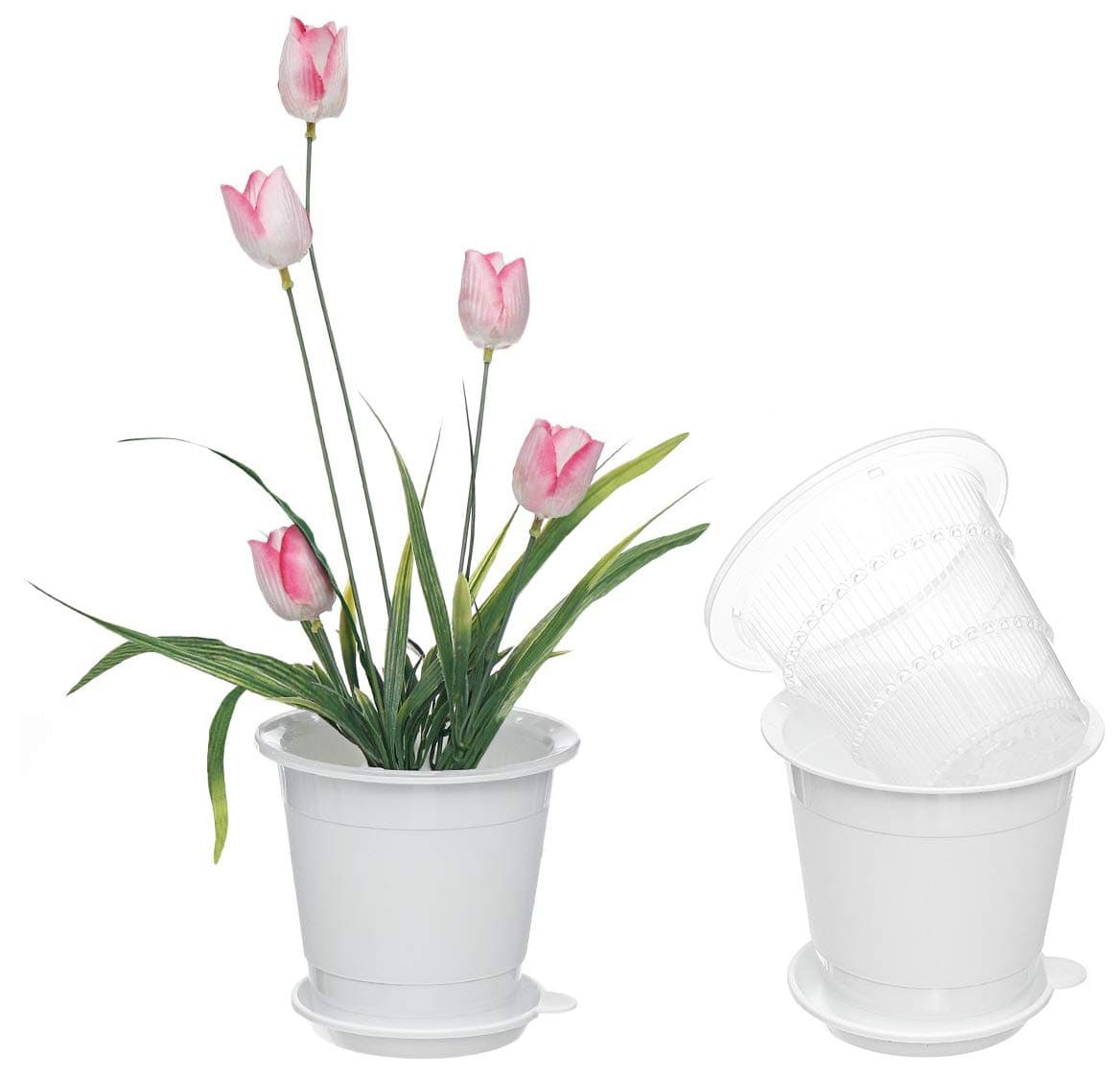 ShoppeWatch Orchid Pots with Holes 5 inch Mesh Net Repotting Planter White Plastic Flower Pots with Drainage Saucer – 2 Inner, 2 Outer Planters and 2 Saucer Trays PL25