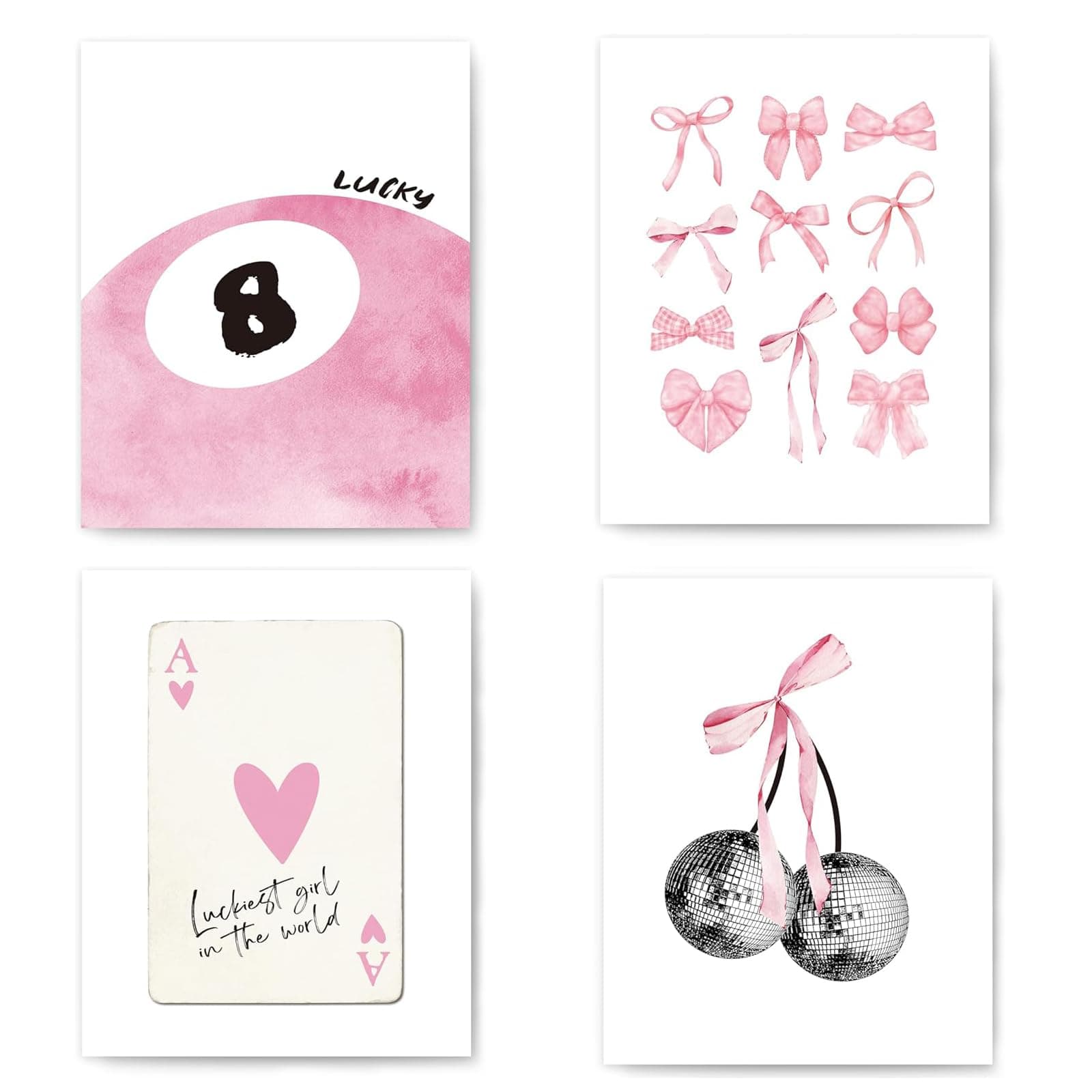 PSFXBM Set of 4 Pink Wall Art Pink Bow Posters Aesthetic Preppy Room Decor Coquette Room Decor Girls Room Decor Aesthetic Room Decor Trendy Wall Art for Girls Bedroom Living Room Unframed 8x10in