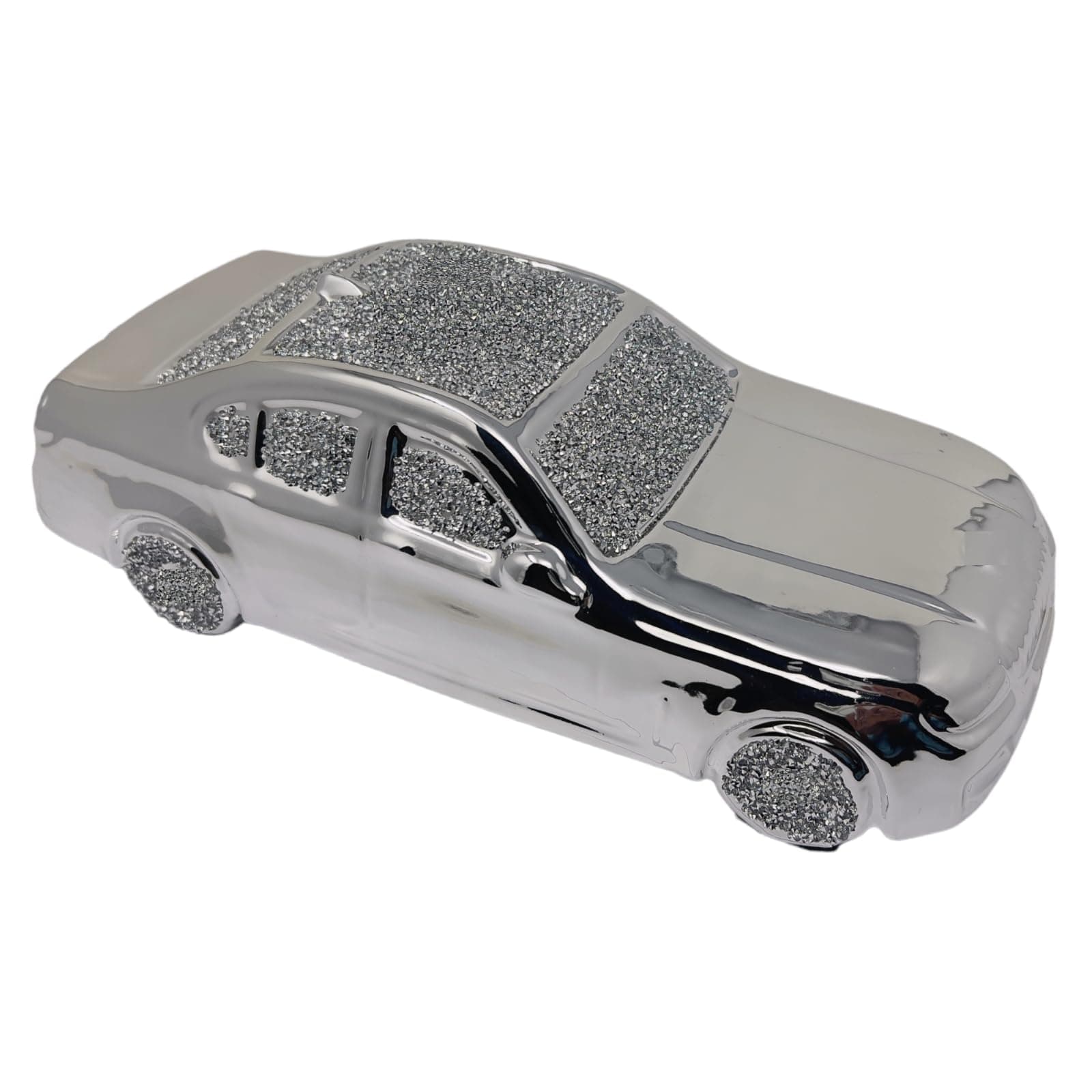 Silver Crushed Diamond Ceramic Motor Car Ornament - Luxurious And Glamorous Look - Gift For Car Enthusiasts - Length: 30 CMS