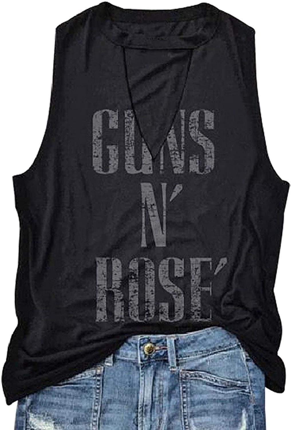 HDLTEWomen Hollow Out Guns N' Rose Country Tank Tops Rock Concert Graphic Tees Sleeveless Rock and Roll T-Shirt