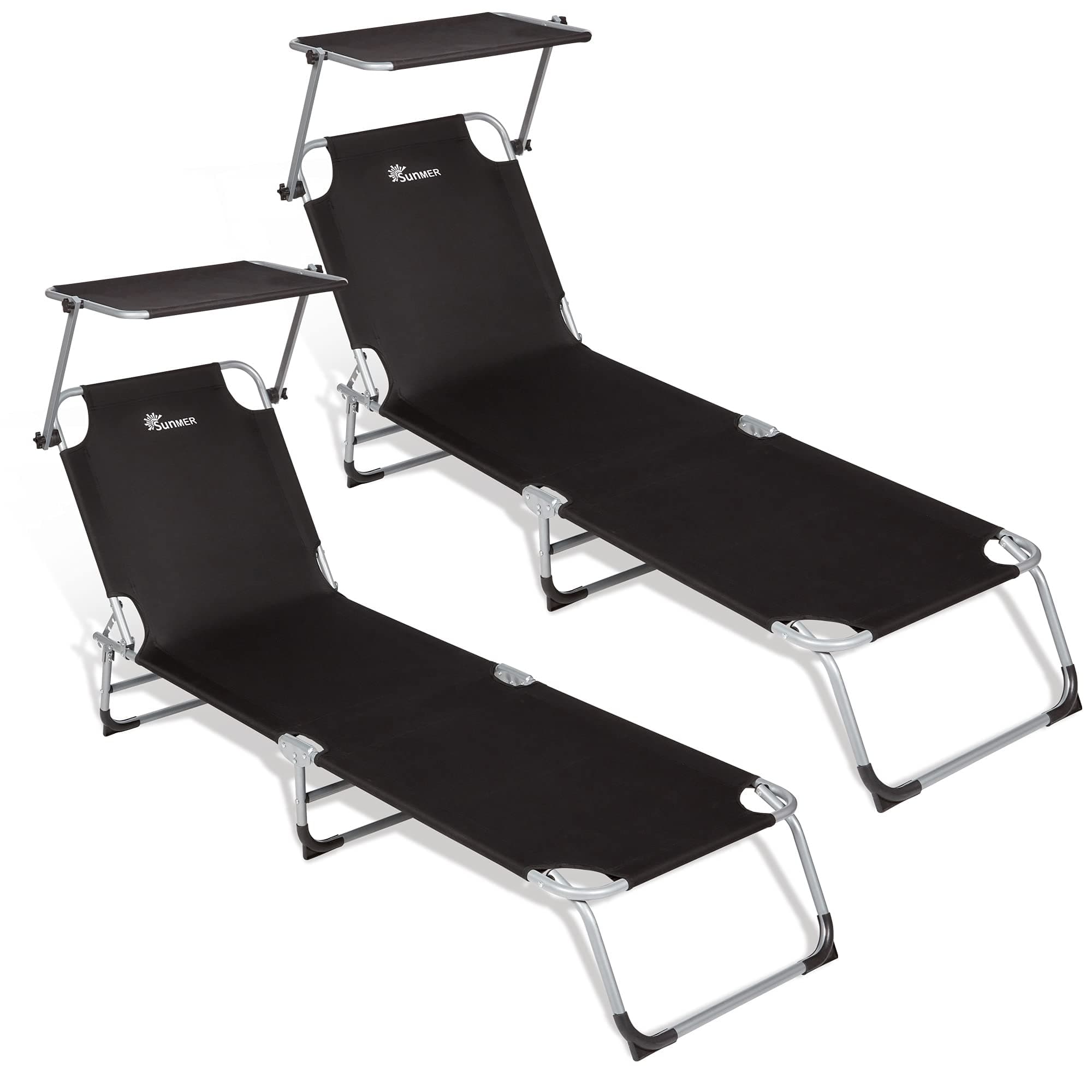 SUNMER Sun Loungers Recliners Set of 2, Garden Day Bed, Folding Outdoor Sunbeds Loungers Reclining With Adjustable Backrest and Shade Roof Canopy - Black