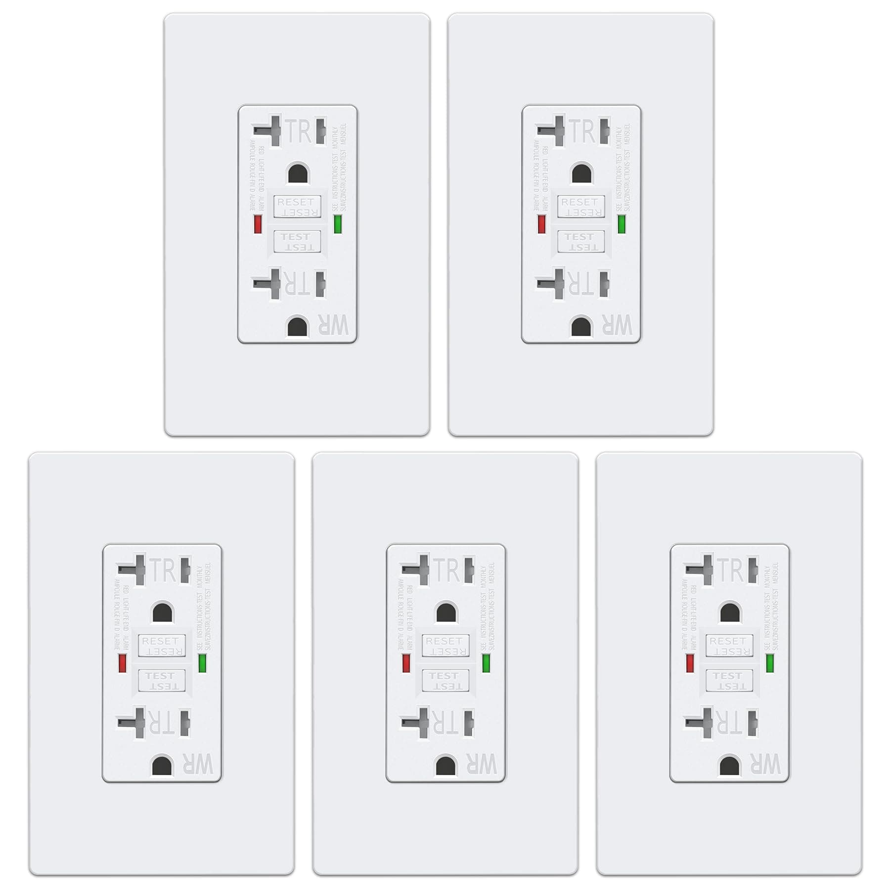 ELECTECK 5 Pack GFCI Outlets 20 Amp, Outdoor Weather Proof (WR), Self-Test GFI Receptacles with LED Indicator, Ground Fault Circuit Interrupter, Screwless Wallplate Included, UL Listed, White