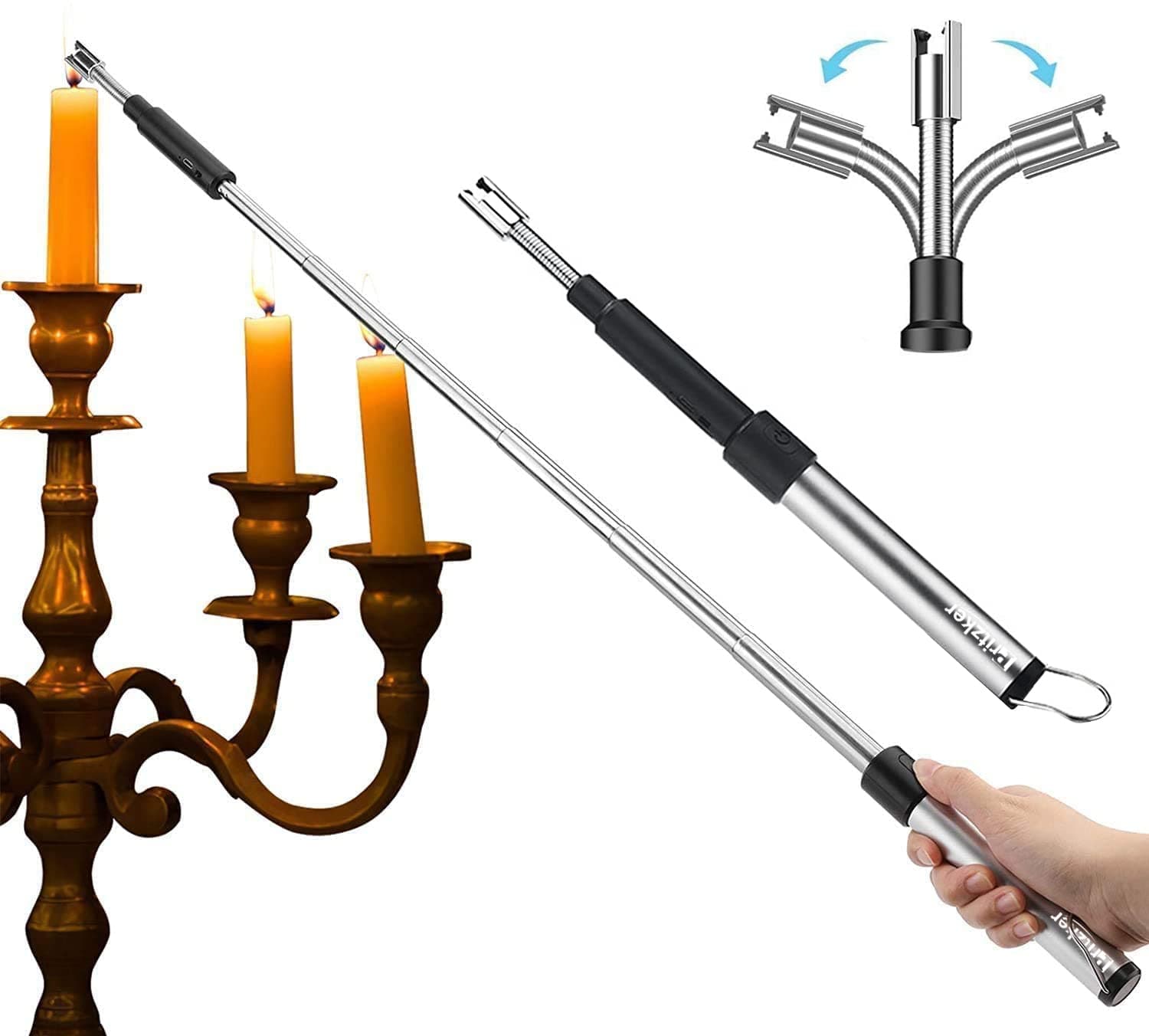 Pritzker Candle Lighter with Hanger Extendable Rechargeable BBQ Electric Arc Lighter Safety Switch, USB Rechargeable Lighter with Flexible Neck for Camping Cooking BBQs Fireworks