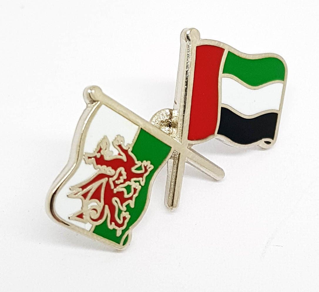 WALES UAE Friendship Flag Dual Duo Crossed Mixed Double Combined National Flags Metal Enamel Lapel Brooch