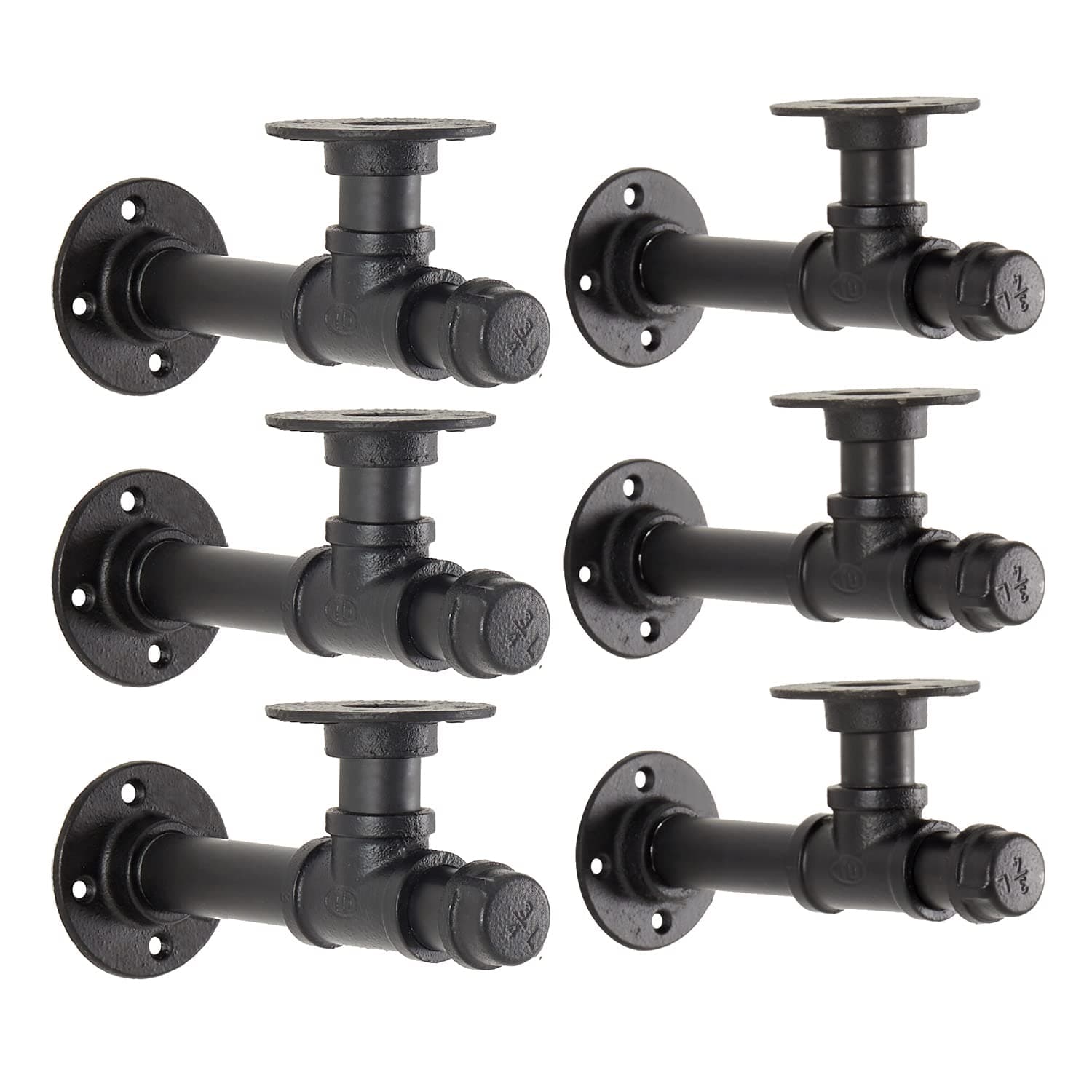 Industrial Pipe Shelf Bracket 6.7",Iron L Pipe Shelving Wall Floating Shelf Bracket for 6-12" Board,Industrial Pipe Shelves Heavy Duty Black Metal Pipe Clothing Rack 6 Pack, Include Accessories