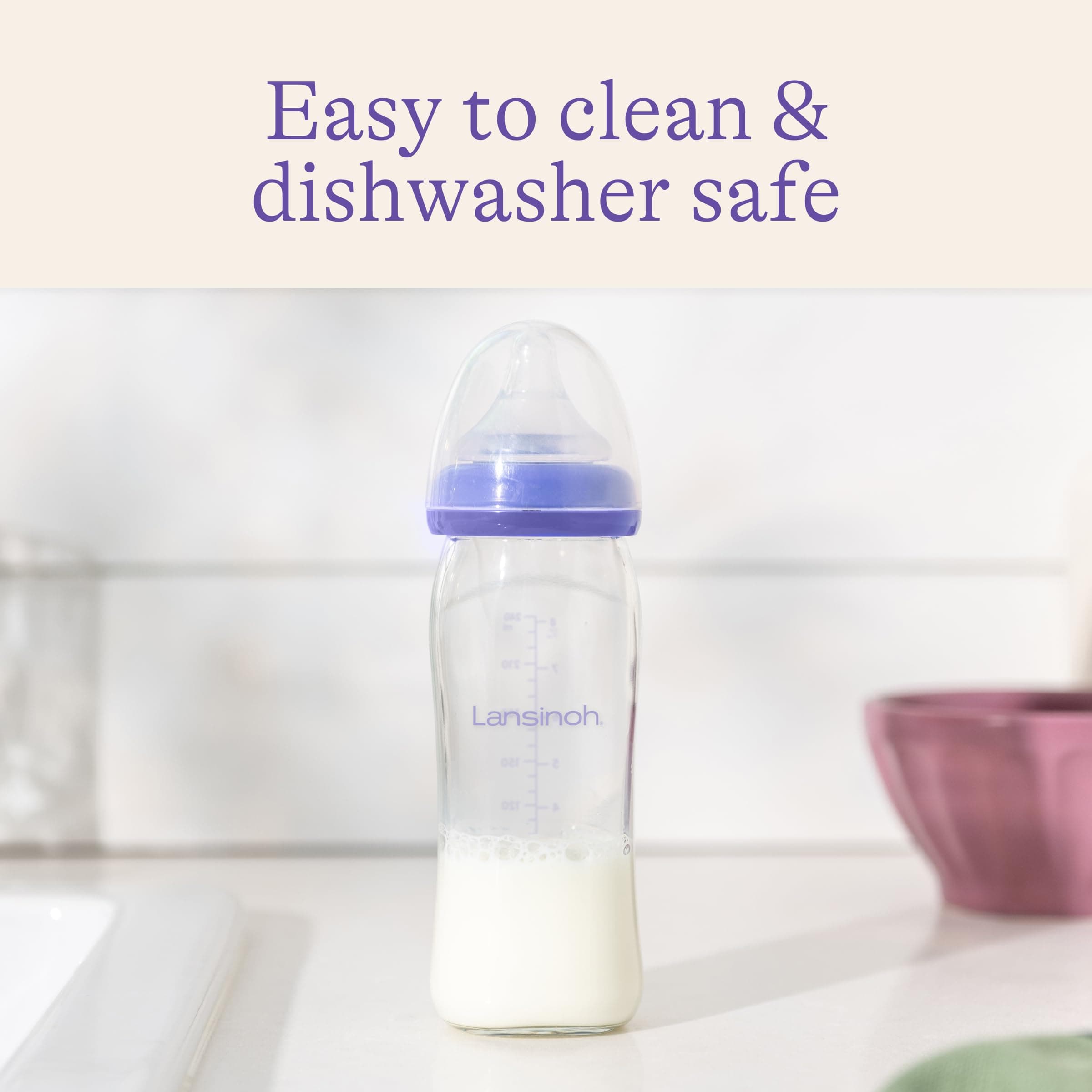 Lansinoh Anti-Colic Glass Baby Bottles for Breastfeeding Babies, 8 Ounces, 4 Count Bottles for Feeding, Baby Essentials, Includes 4 Medium Flow Nipples, Size M