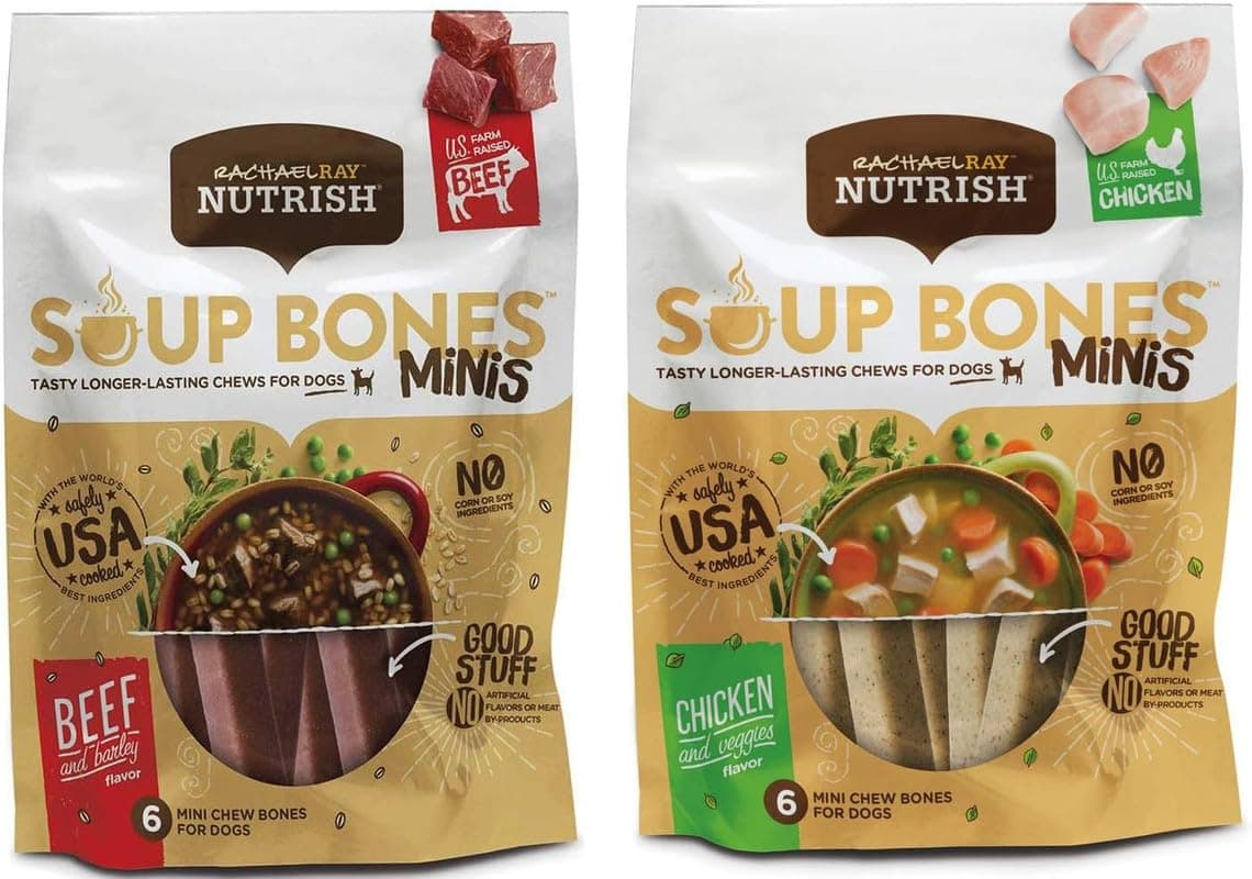 Variety Rachael Ray Nutrish Soup Bones Minis Dog Treats For Smaller Dogs Real Beef & Barley and Real Chicken & Veggies - Each Pack 4.2 oz/ 6 Chew Treats (Minis) by Rachael Ray