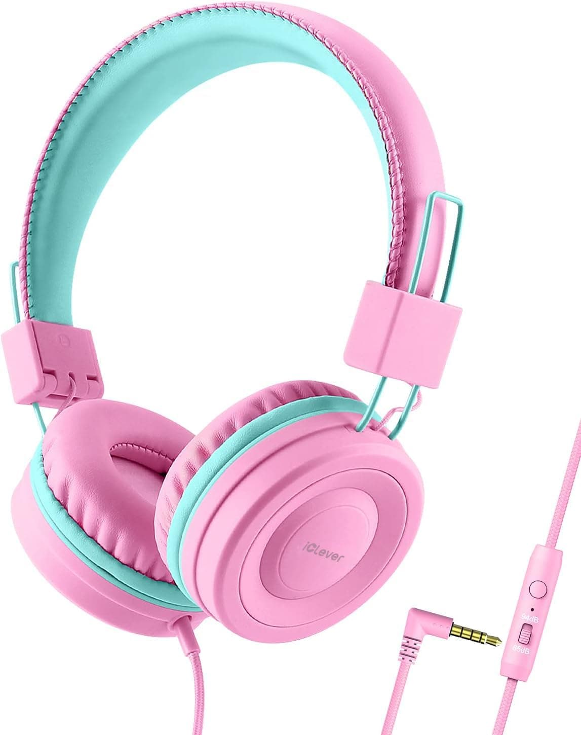 iClever Kids Headphones with Microphone for School - Pink, 85dB/94dB Volume Limiter, Wired Headphones for Girls, Adjustable Foldable On-Ear Headphones for Online Learning/iPad/Tablet/Travel