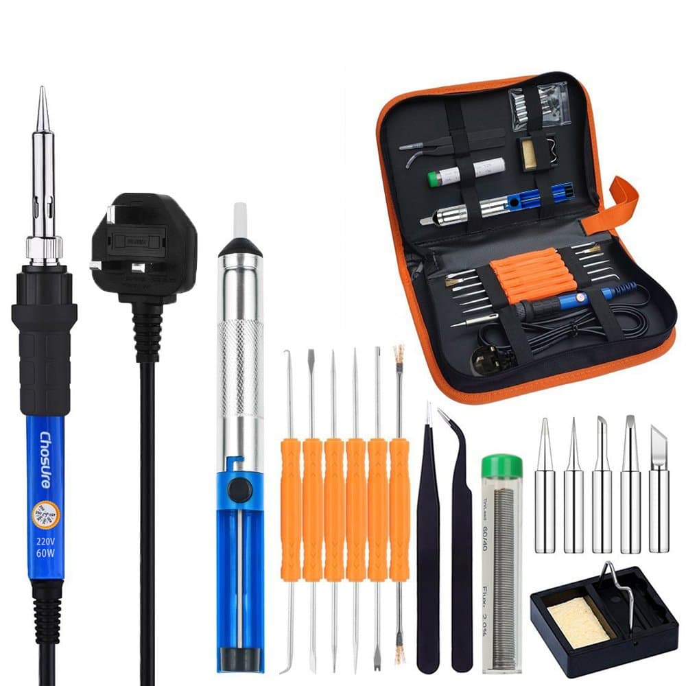 Chosure Soldering Iron Kit Full Set 60W 220V with Adjustable Temperature Welding Iron, 5pcs Tips, Desoldering Pump, 2pcs Tweezers, Tin Wire Tube, Stand and 6pcs Aid Tools in PU Carry Bag