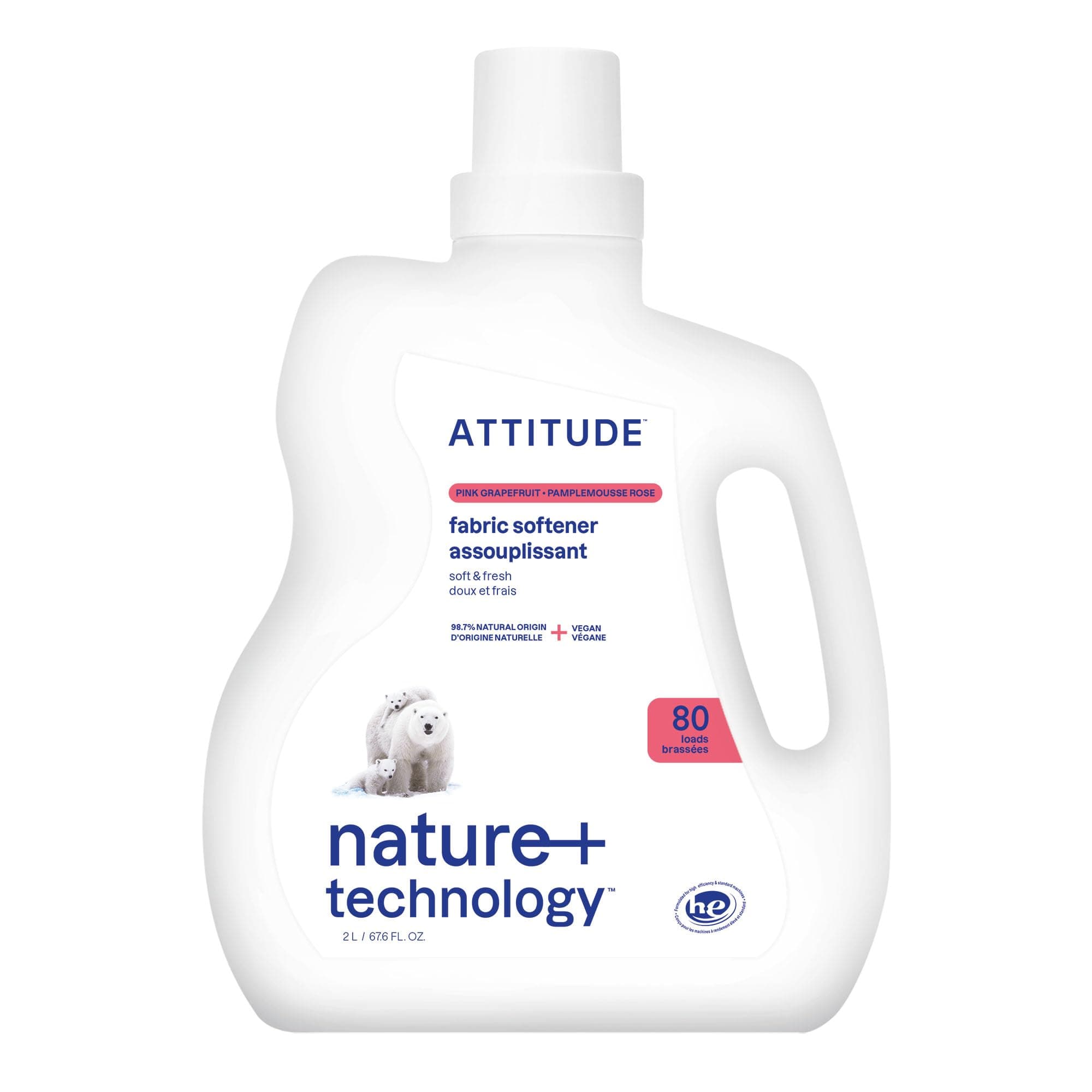 Liquid Fabric Softener, Plant-Based & Vegan, HE Compatible, Naturally Derived, Pink Grapefruit Scent, 80 Loads, 2 Liters