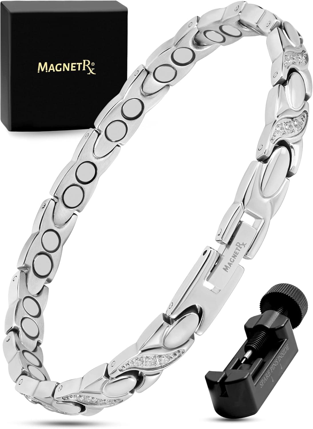MagnetRX® Ultra Strength Magnetic Bracelets for Women – Double Magnet Stainless Steel Crystal Bracelet for Women – Adjustable Bracelet Length with Sizing Tool (Silver)