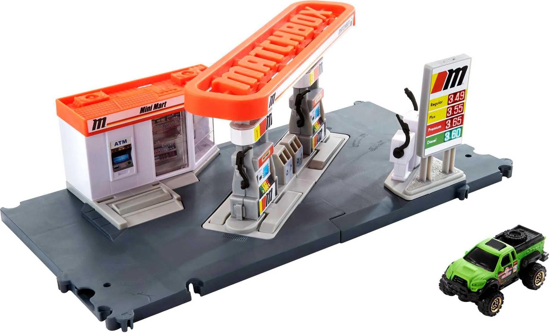 Toy Cars Playset, Action Drivers Fuel Station & 1:64 Scale Toy Truck, Moveable Gas Hoses & Car-Activated Features