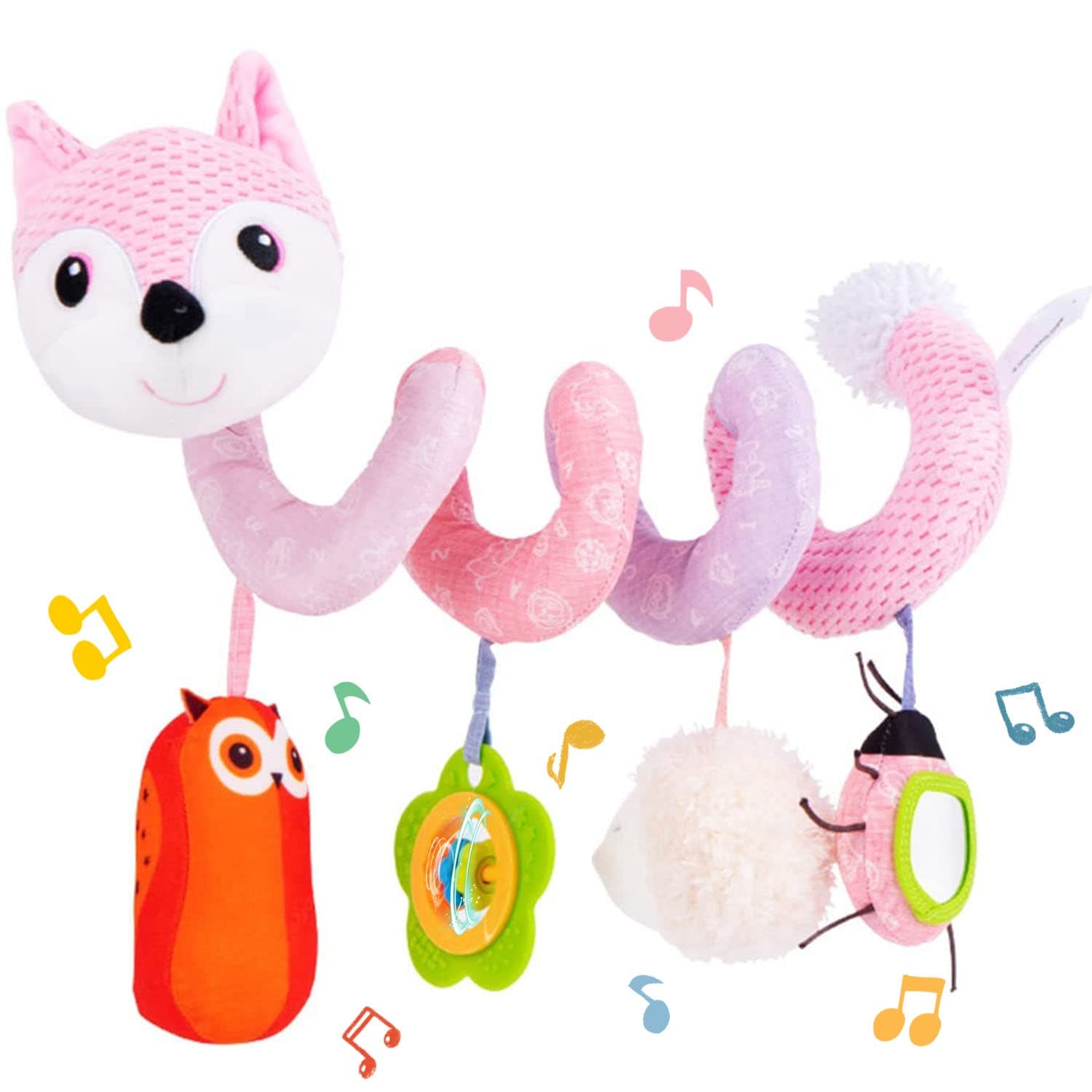 KotyCar Seat Toys, Infant Baby Spiral Plush Activity Hanging Toy for Stroller Bar Pram Crib with Music Box BB Squeaker & Rattles(Pink Fox)