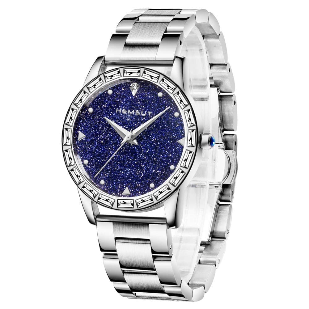 Hemsut Rose Gold Tone Stainless Steel Band Analog Quartz Watch Women Lady Dress Watch Women Wrist Watch with Blue Sandstone Dial