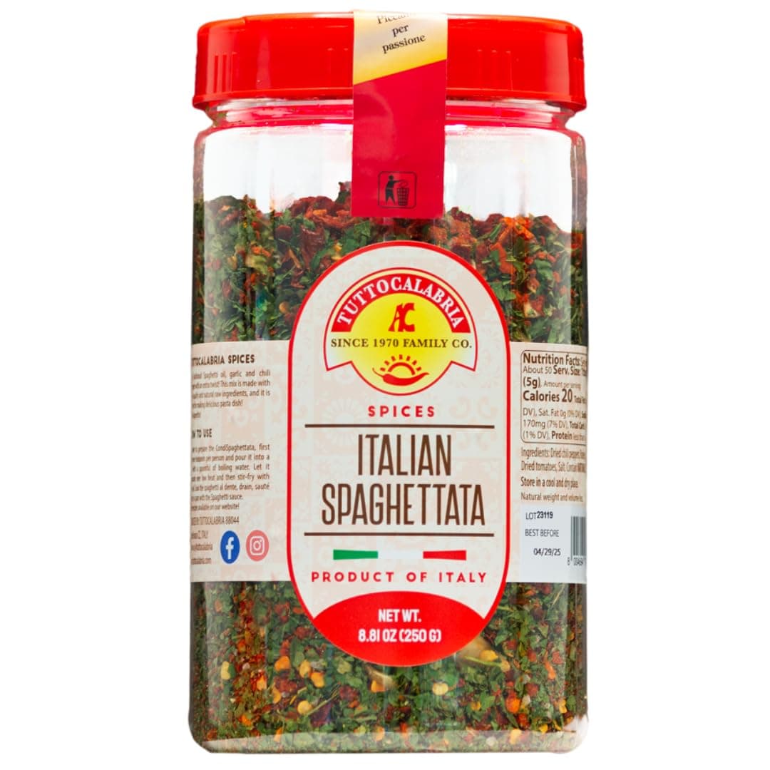 Spaghetti Sauce Seasoning, Spicy Italian Spaghettata, Product of Italy, Add oil to pan, heat, mix in seasoning, and then toss with your favorite pasta, 250g
