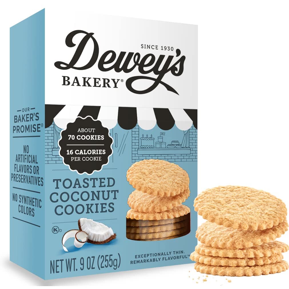 Dewey's Bakery Toasted Coconut Cookie Thins | No Artificial Flavors, Synthetic Colors or Preservatives | Baked in Small Batches | 9oz (Pack of 1)