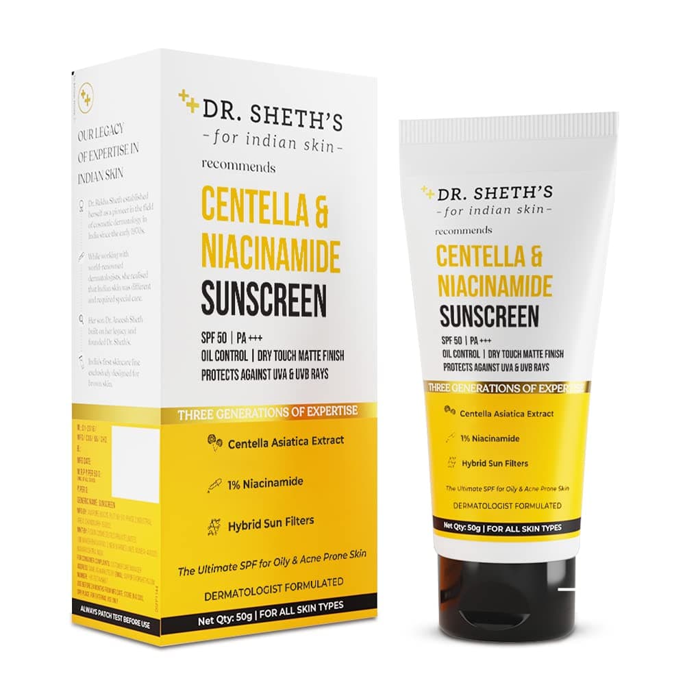 Dr. Sheth's Centella & Niacinamide Sunscreen Spf 50 Pa+++ For Oily&Acne-Prone Skin, Sweatproof, Water-Resistant, Dry Touch, Matte Controls Excess Oil, Protects Against Uva & Uvb Rays For Unisex, 50g