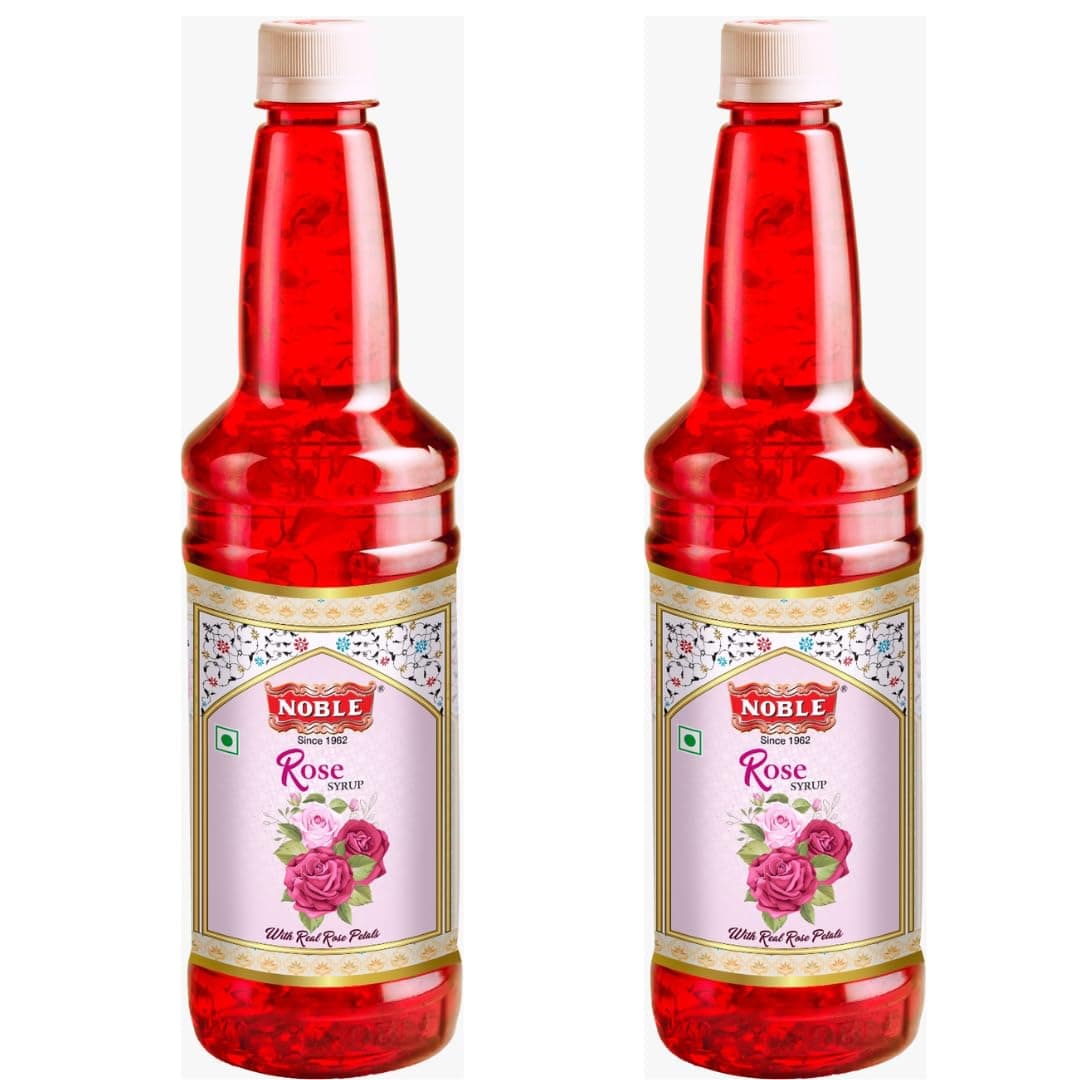 Noble Rose Syrup Gulub Sharbat Natural Rose Petals and Extracts For Cocktails, Mocktails, Milkshakes, Slushes, Dessert Toppings And More, Non Alcoholic Mix - 750 ml, (Pack of 2)