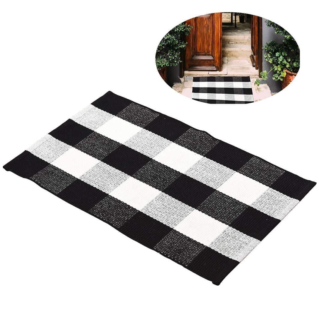 Buffalo Check Plaid Area Rug Flatweave 23.6"x35.4" Black and White Cotton Porch Entryway Front Door Welcome Mats