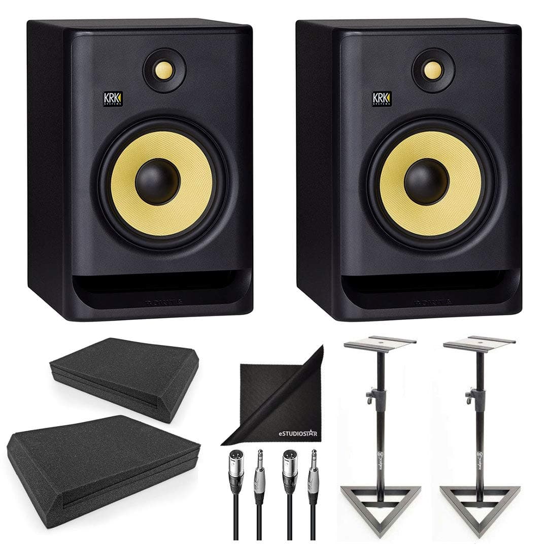 KRK ROKIT RP8G4 8 G4 8" Studio Monitoring Speakers w/ AxcessAbles Speaker Stands, Isolation Pads, Audio Cables and eStudioStar Polishing Cloth