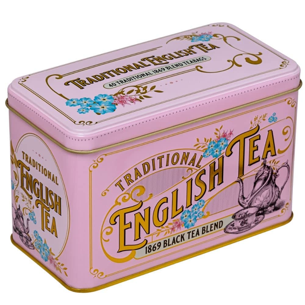 New English Teas Vintage Victorian Tea Tin in Pink with 40 English Breakfast 1869 Blend Teabags