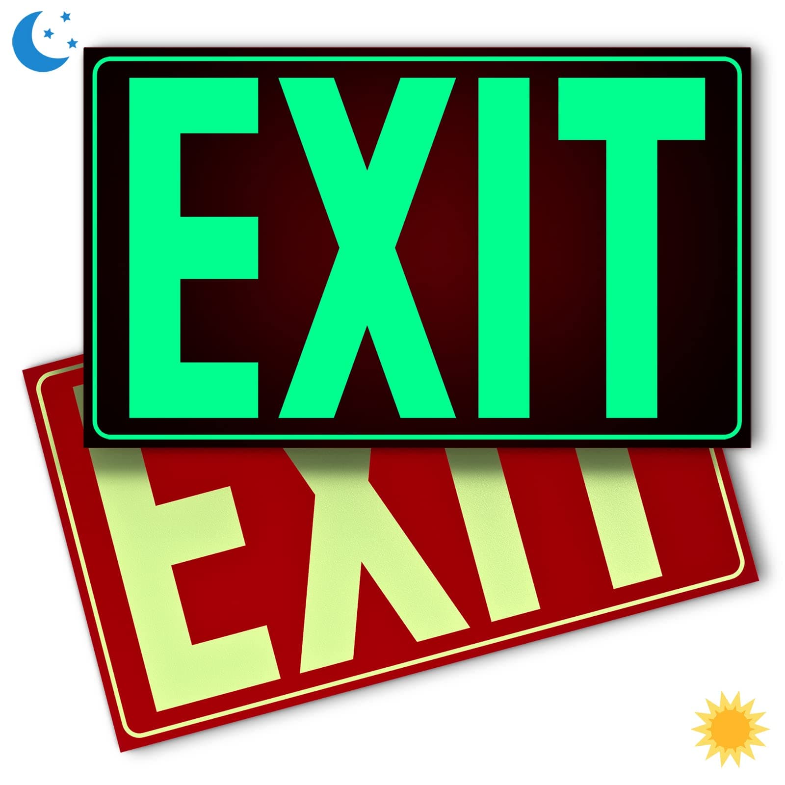 SASELUX Glow In The Dark Photoluminescent Exit Sign Red - Adhesive Backing – UV Inks On Tear-resistant PVC - Non Electrical - Scratch Resistant -12 x 7 Inches For 50 Feet Visibility (2 Pack)