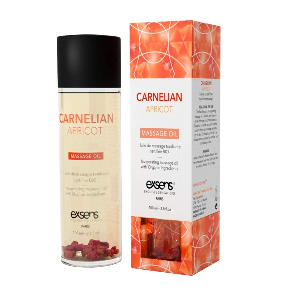 Carnelian Apricot Crystal Infused Sensual Massage & Body Oil by EXSENS | Moisturizer for Skin & Hair | Certified Organic, Vegan, Paraben Free, Non GMO, Natural Fragrance | 100 ml - 3.8 fl.oz