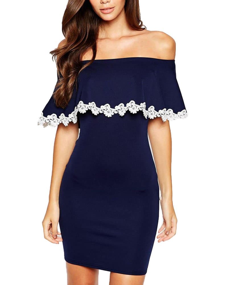 Cfanny Women's Strapless Bardot Bodycon Dress with Lace Trim