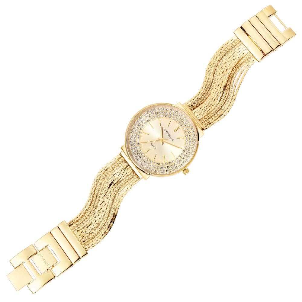 OTTAVIANI Women Only Time Clock in Gold, Steel Base with White Crystal Strap Gold Semi-Rigid