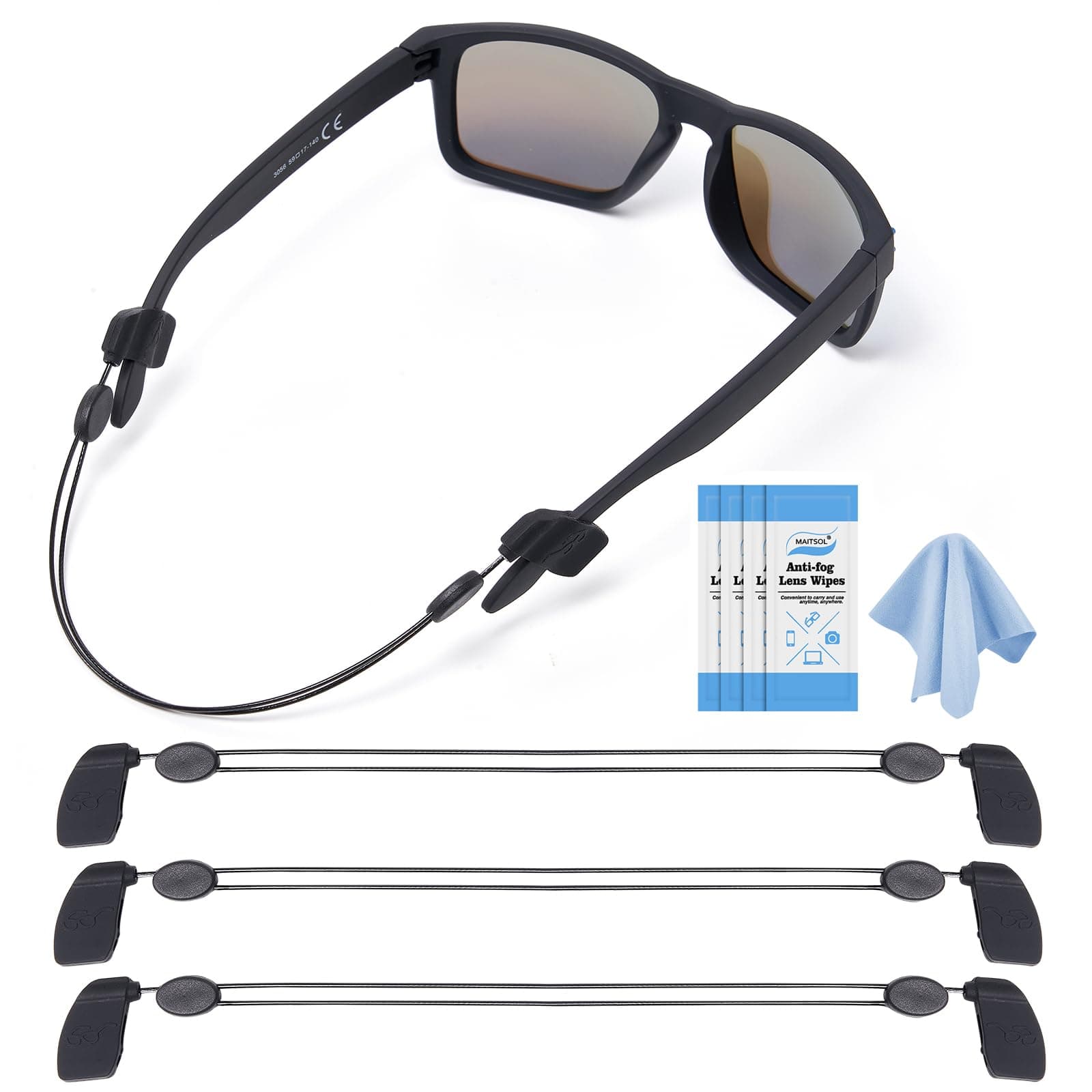 Adjustable Glasses Strap (3 Pcs) - Sunglasses Strap for Men Women - Black Eyeglasses Strap - Eye Glasses Holder Around Neck, Sports Glasses Strap, Eyewear Retainer, Cable Glasses Lanyard