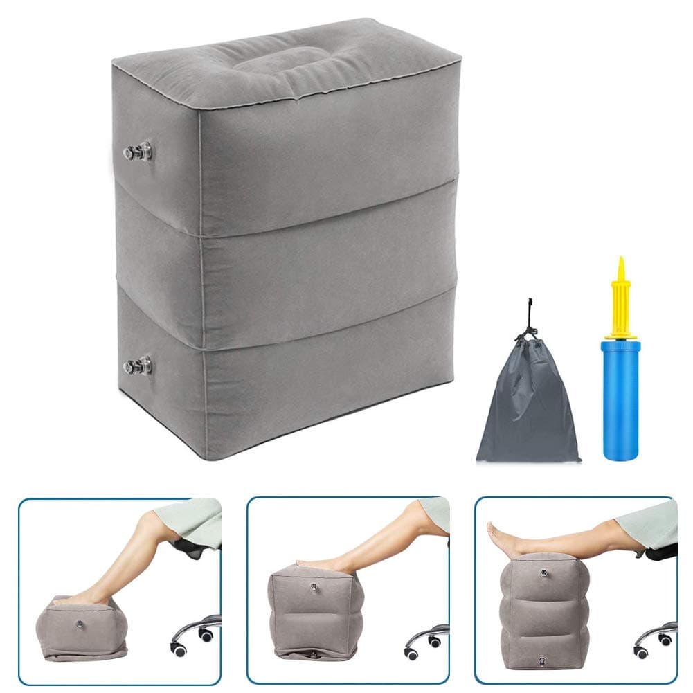 MEILE Travel Foot Rest Pillow, Portable Inflatable with Double Hand Pump Adjustable Three Layers Height Pillow for Foot Rest on Airplanes,Cars,Buses,Trains,Office Kids to Sleep (Gray,1 Pack)