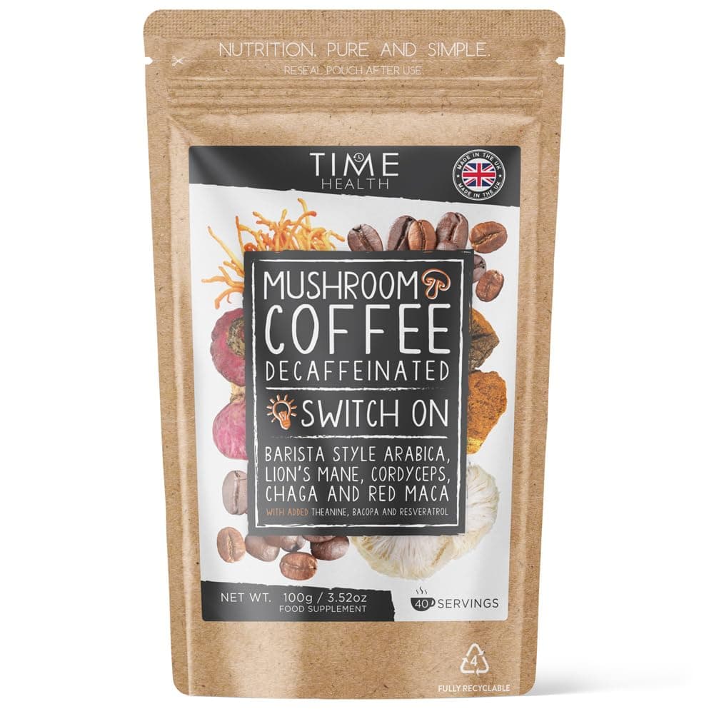 Decaf Mushroom Coffee Blend (Instant) - Arabica Coffee, Lion's Mane, Cordyceps, Chaga, Red Maca, Theanine, Bacopa & Resveratrol - Natural Energy & Focus - UK Made - 5% Micro Ground