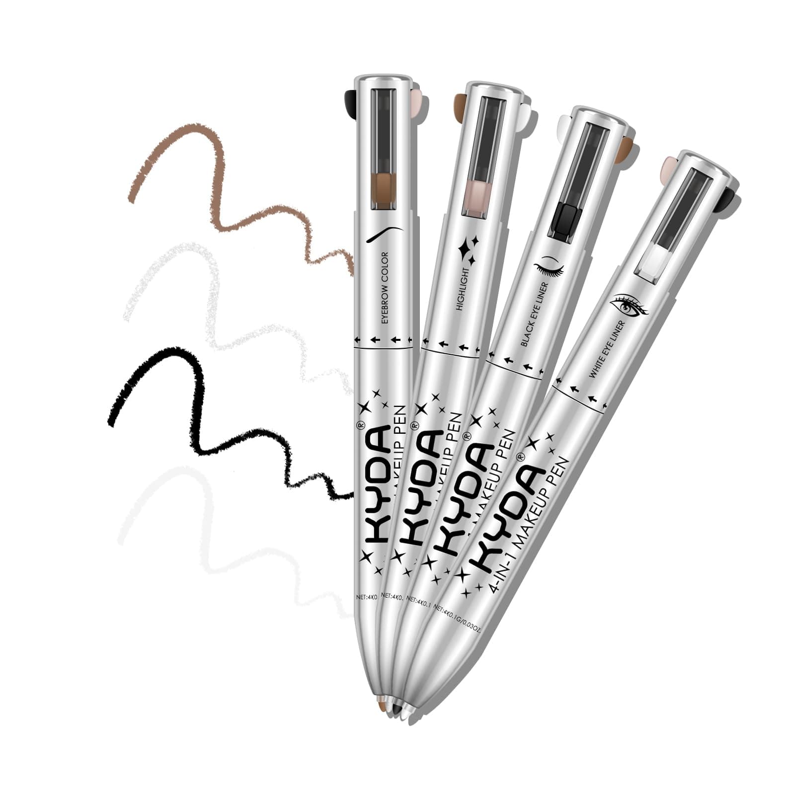 4-in-1 On-The-Go Travel Makeup Pen - Eyeliner in Black & White, Eyebrow Pencil in Brown, Highlighter - Smooth Glide, Easy Carry