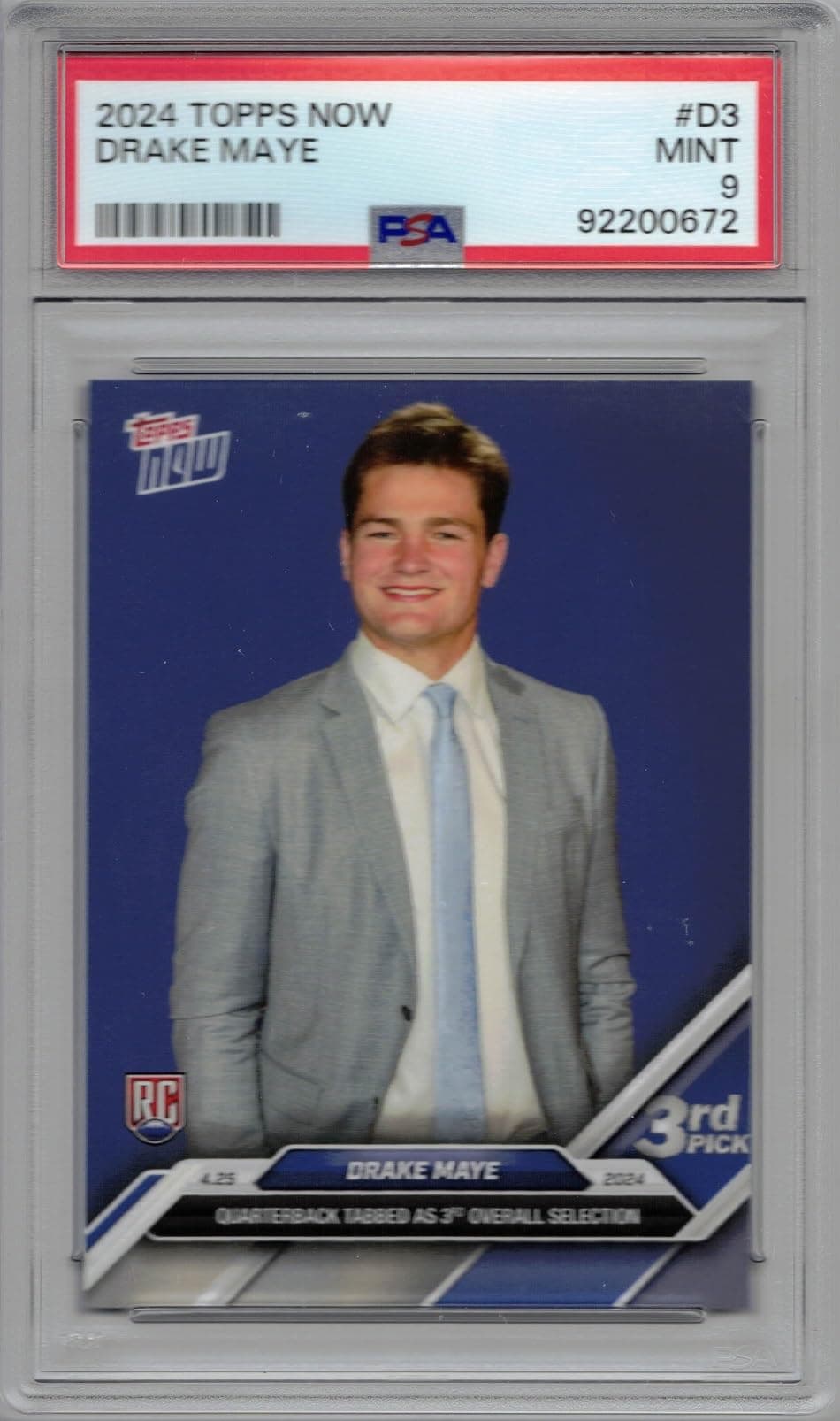 2024 Topps Now Football #D-3 Drake Maye Rookie Card Graded PSA 9 Mint