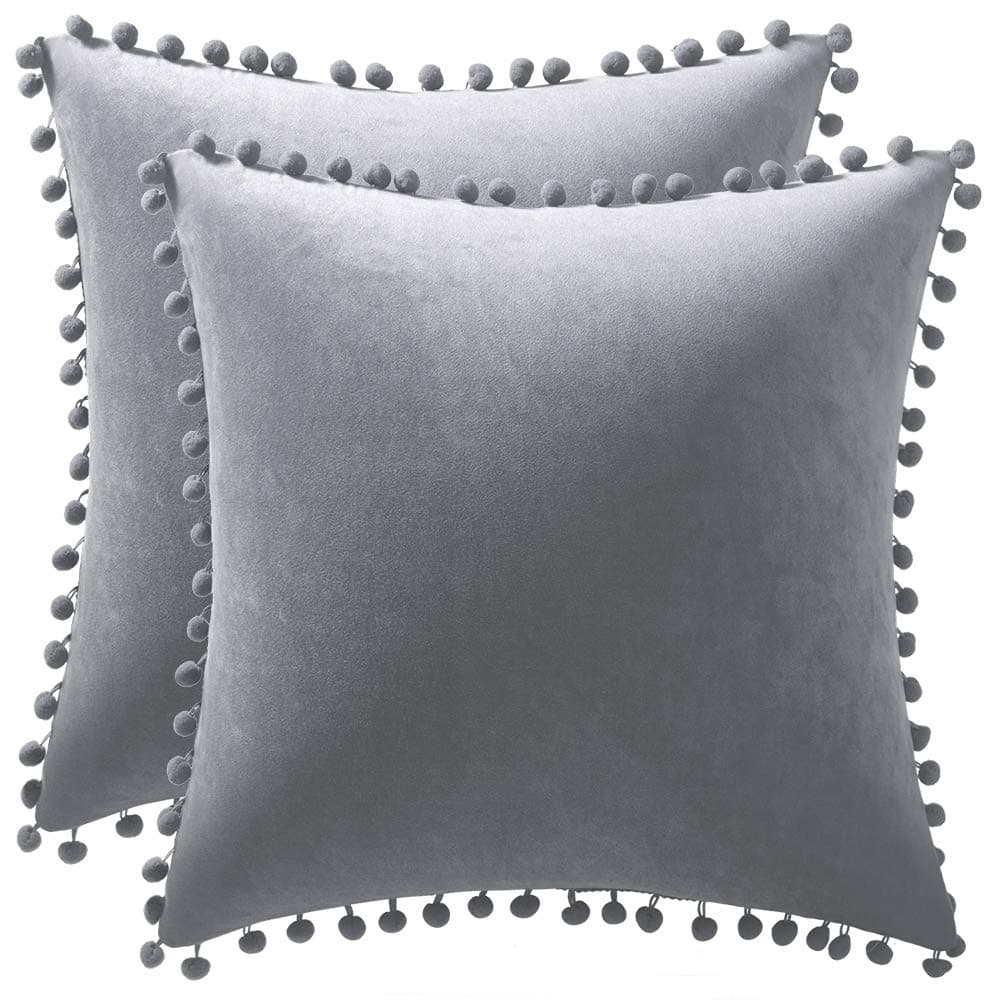 DEZENE Decorative Pillow Cases 20x20 Light-Grey: 2 Pack Cozy Soft Pom-poms Velvet Square Throw Pillow Covers for Farmhouse Home Decor