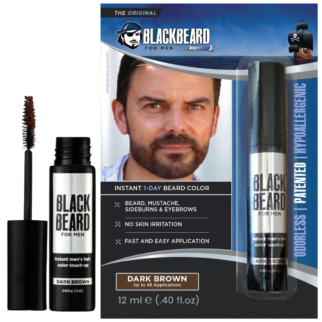Blackbeard for Men Beard Color – 1-Day Beard, Mustache, Eyebrow, Sideburns Color – Temporary Facial Hair Tint - Hypoallergenic Beard Dye Alternative – Up to 45 applications – Dark Brown, 1 Pack